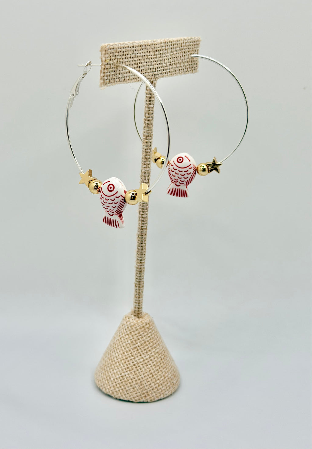 Gold Hoop Earrings with Red Fish Charm | Fun Coastal Statement Hoops