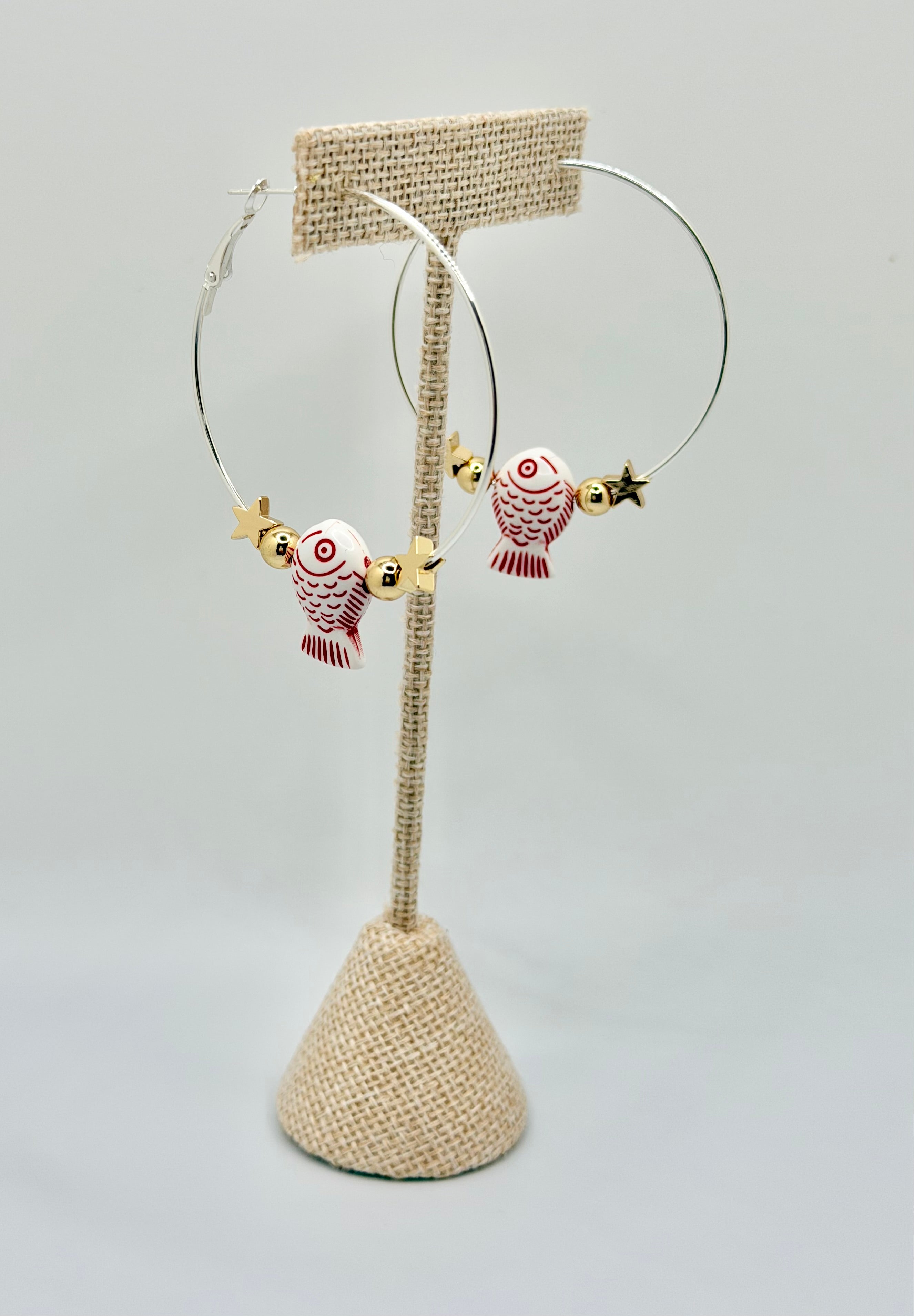 Gold Hoop Earrings with Red Fish Charm | Fun Coastal Statement Hoops