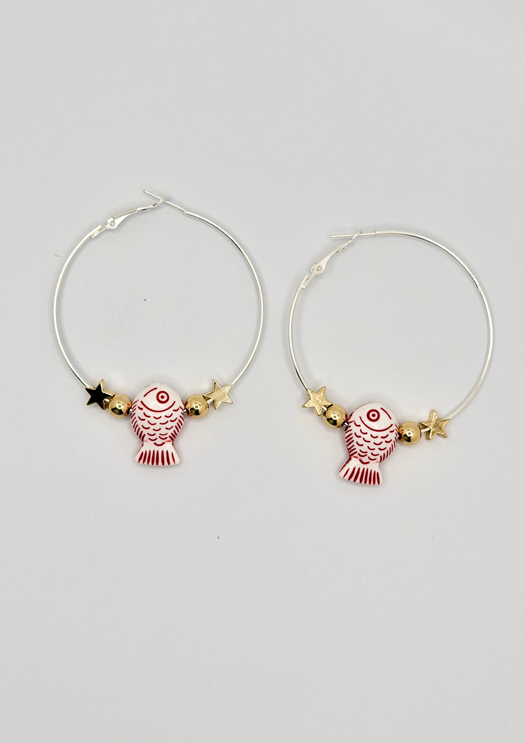 Gold Hoop Earrings with Red Fish Charm | Fun Coastal Statement Hoops
