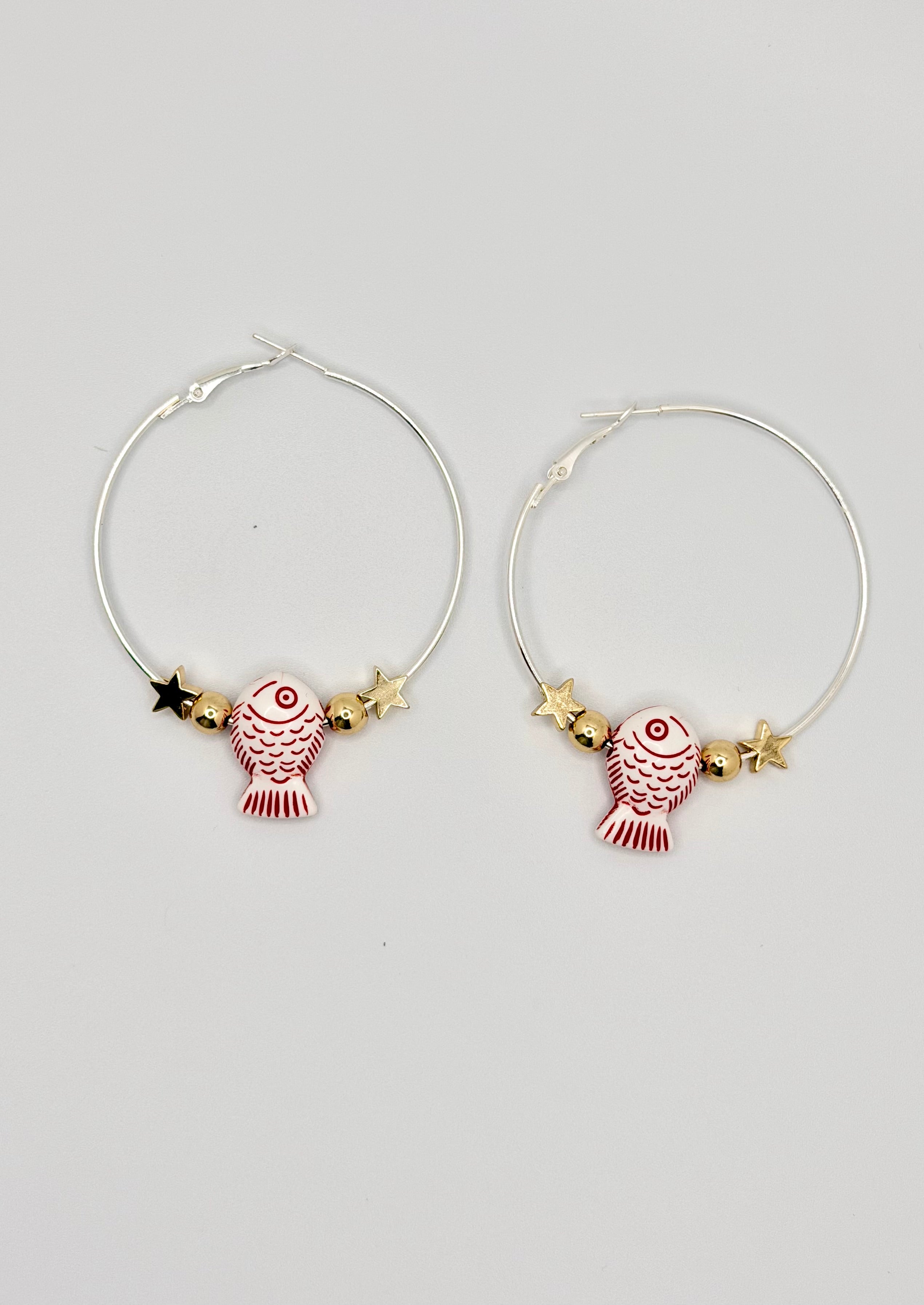 Gold Hoop Earrings with Red Fish Charm | Fun Coastal Statement Hoops