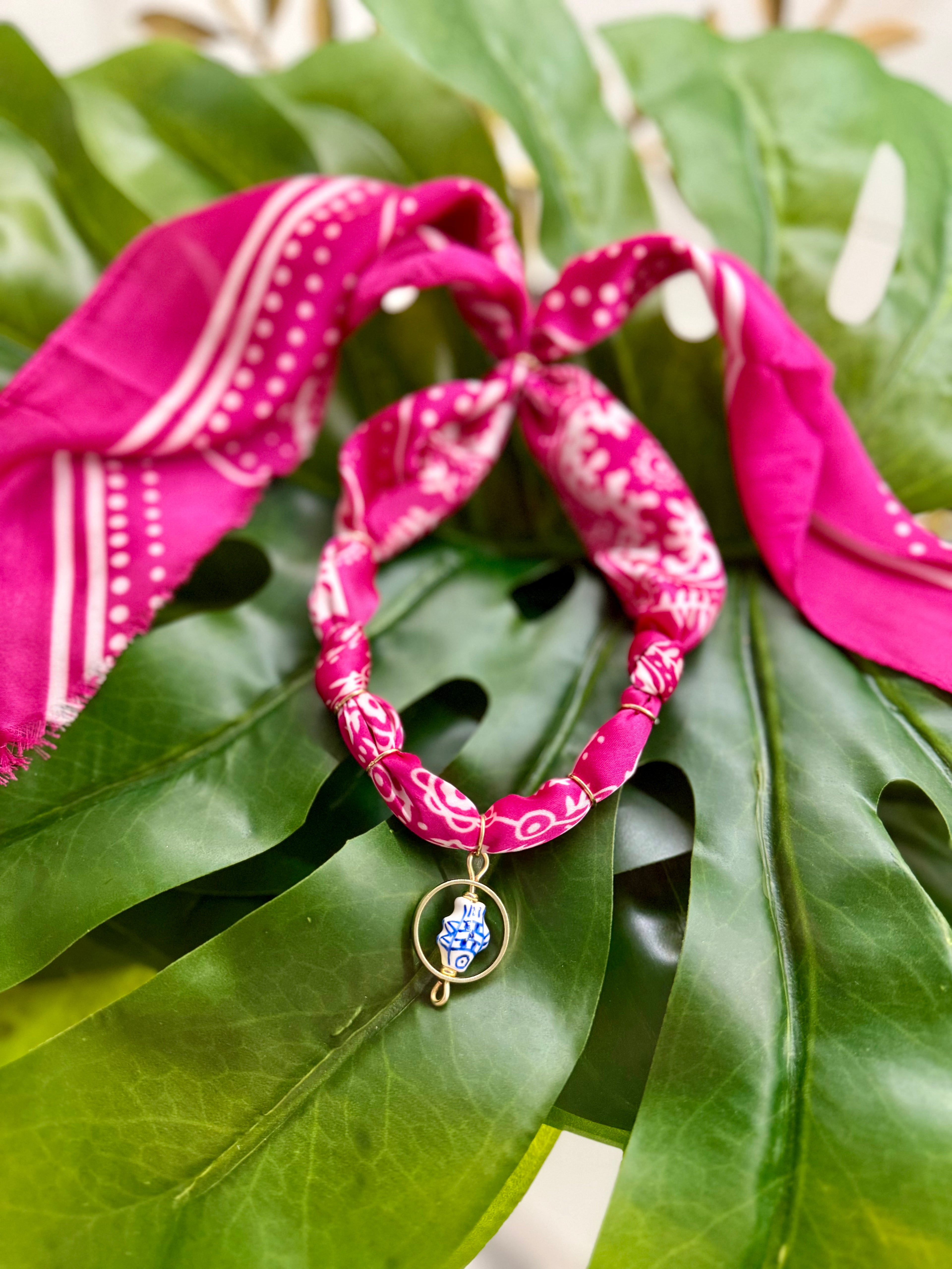 Pink Silk with Blue Fish Pendant