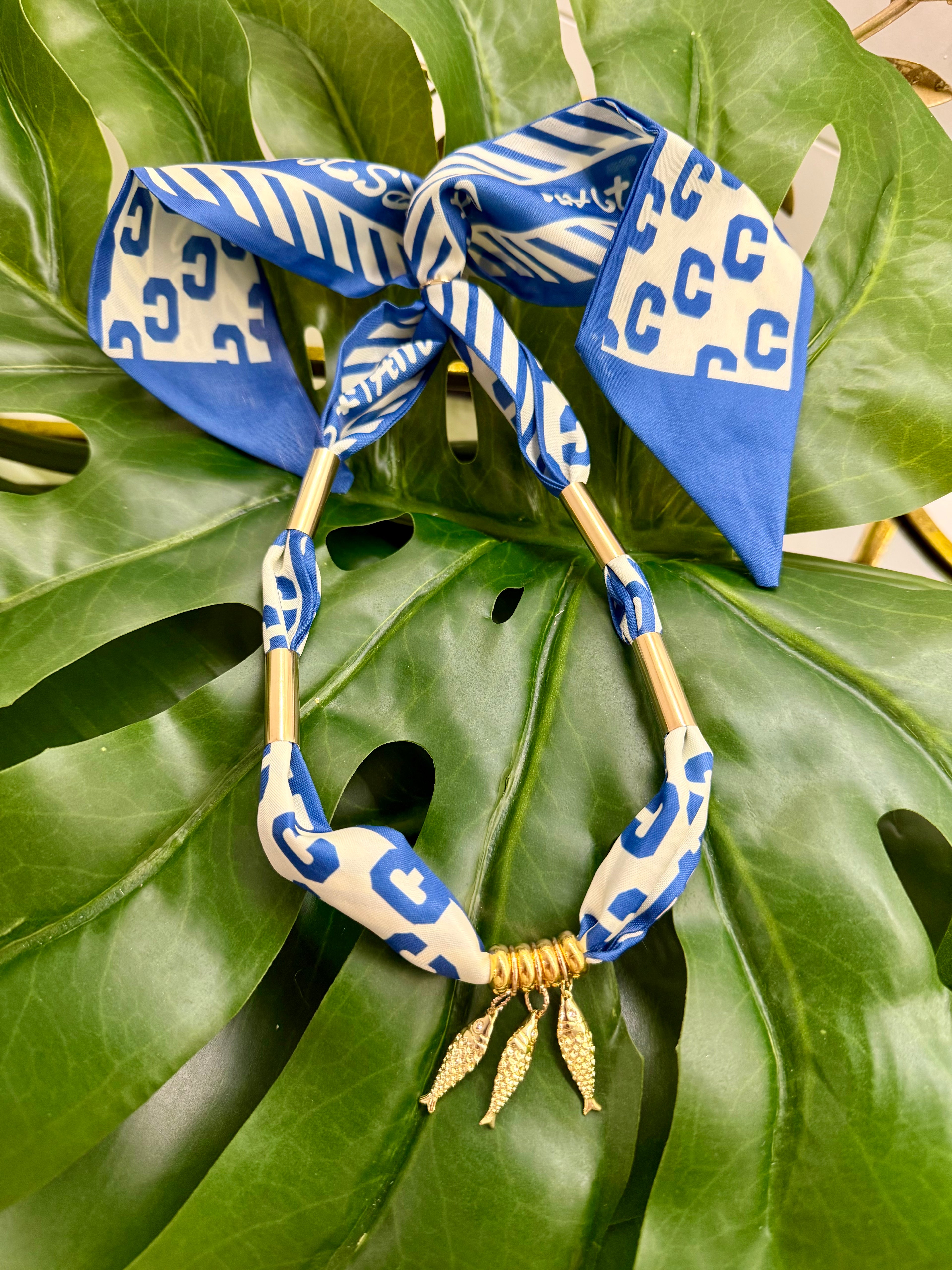 Blue C Wrap Necklace with Gold Fish