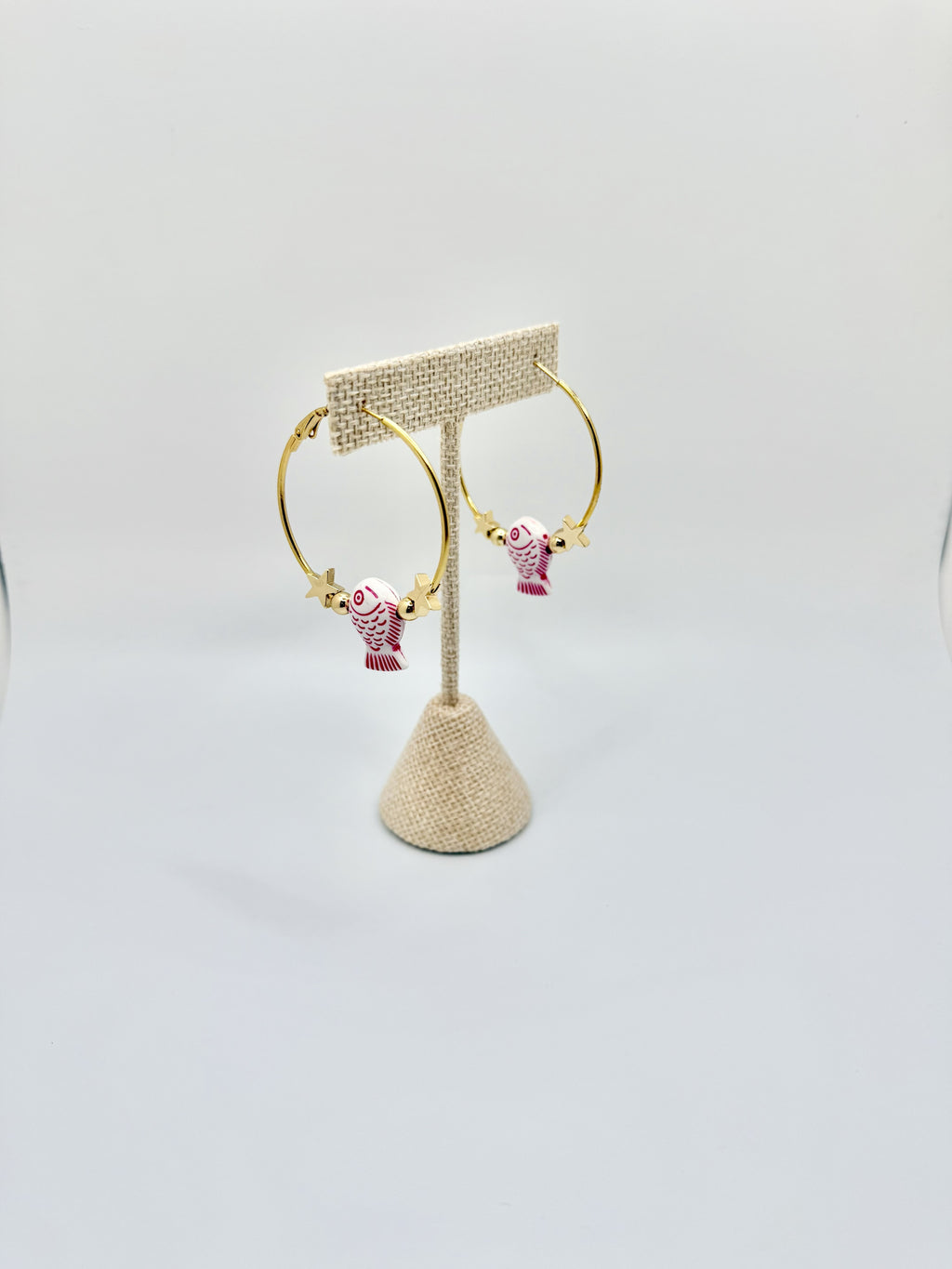 Gold Hoop Earrings with Pink Fish Charm | Fun Coastal Statement Hoops