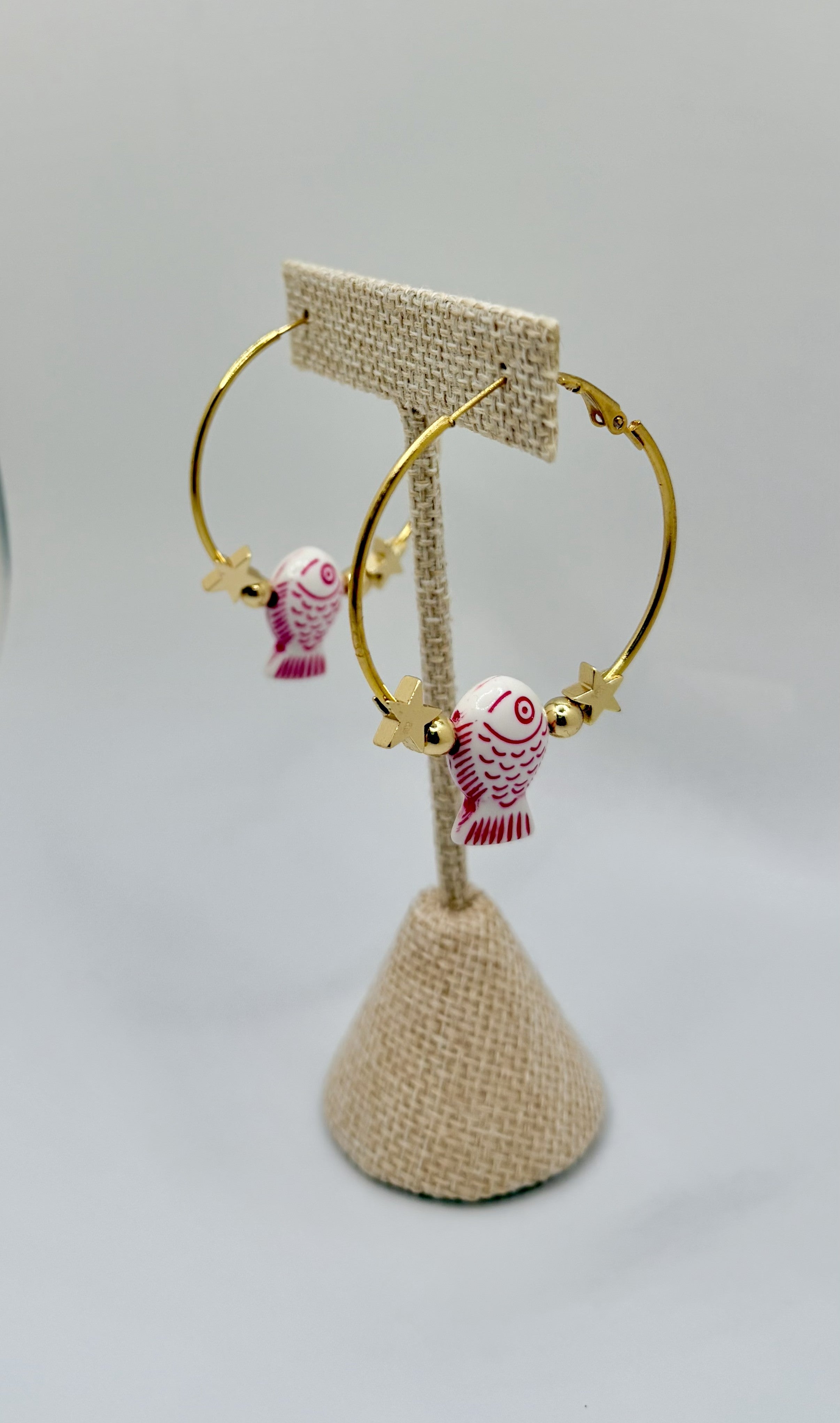 Gold Hoop Earrings with Pink Fish Charm | Fun Coastal Statement Hoops
