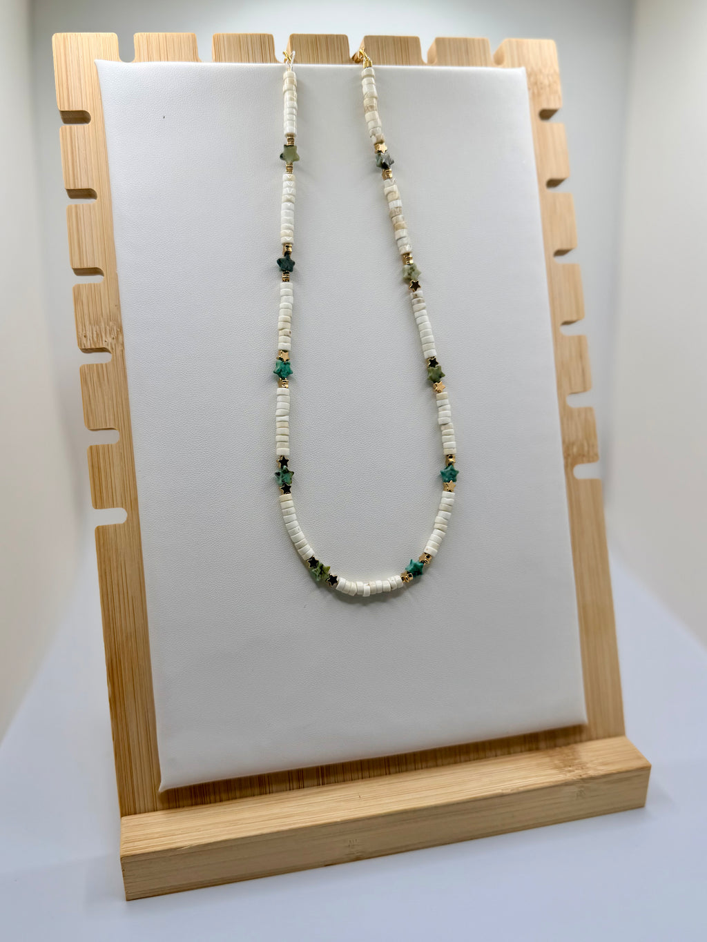 White & Green Star Beaded Necklace