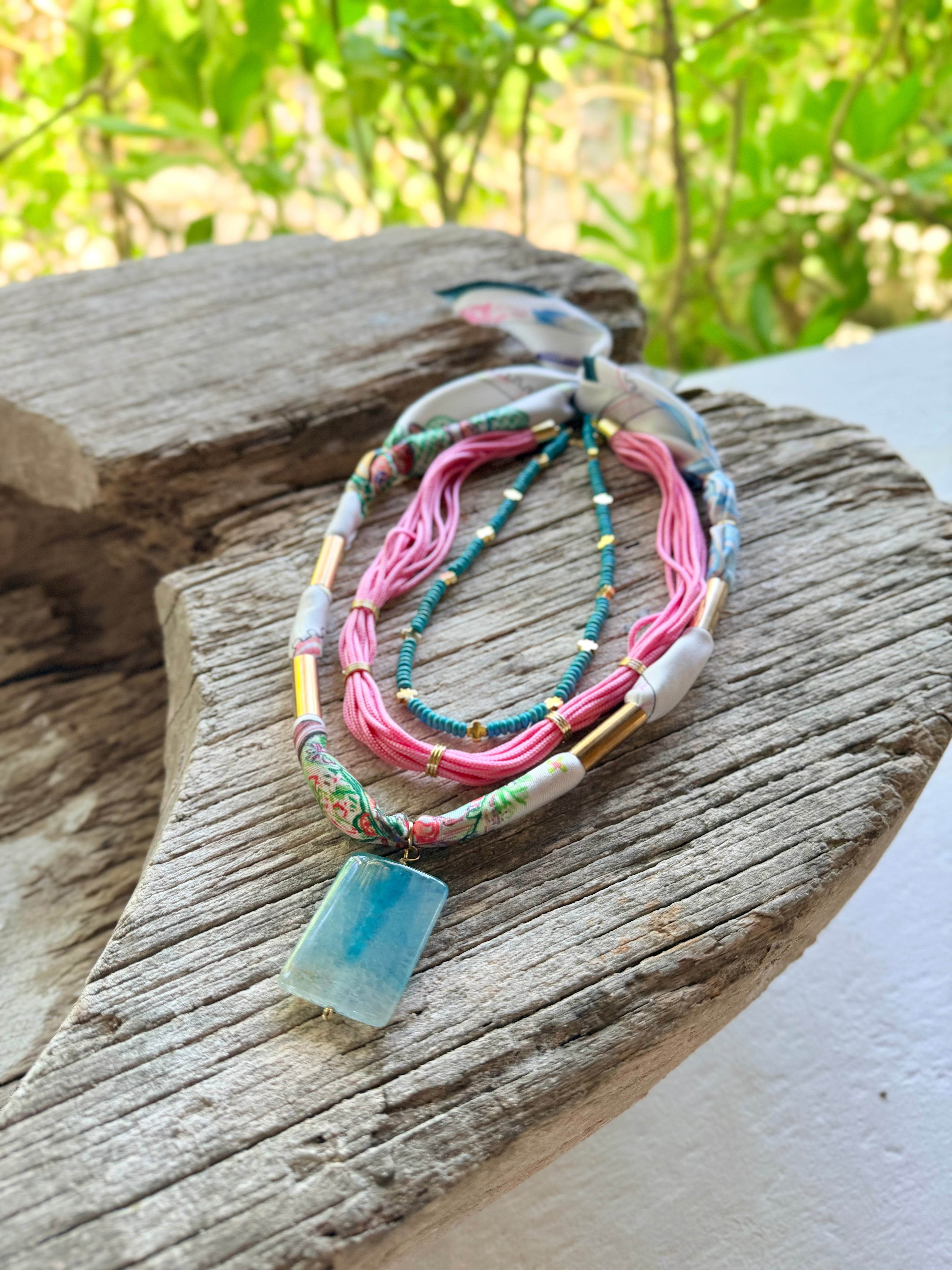 Multicolor White Silk Bandannie Wrap Necklace