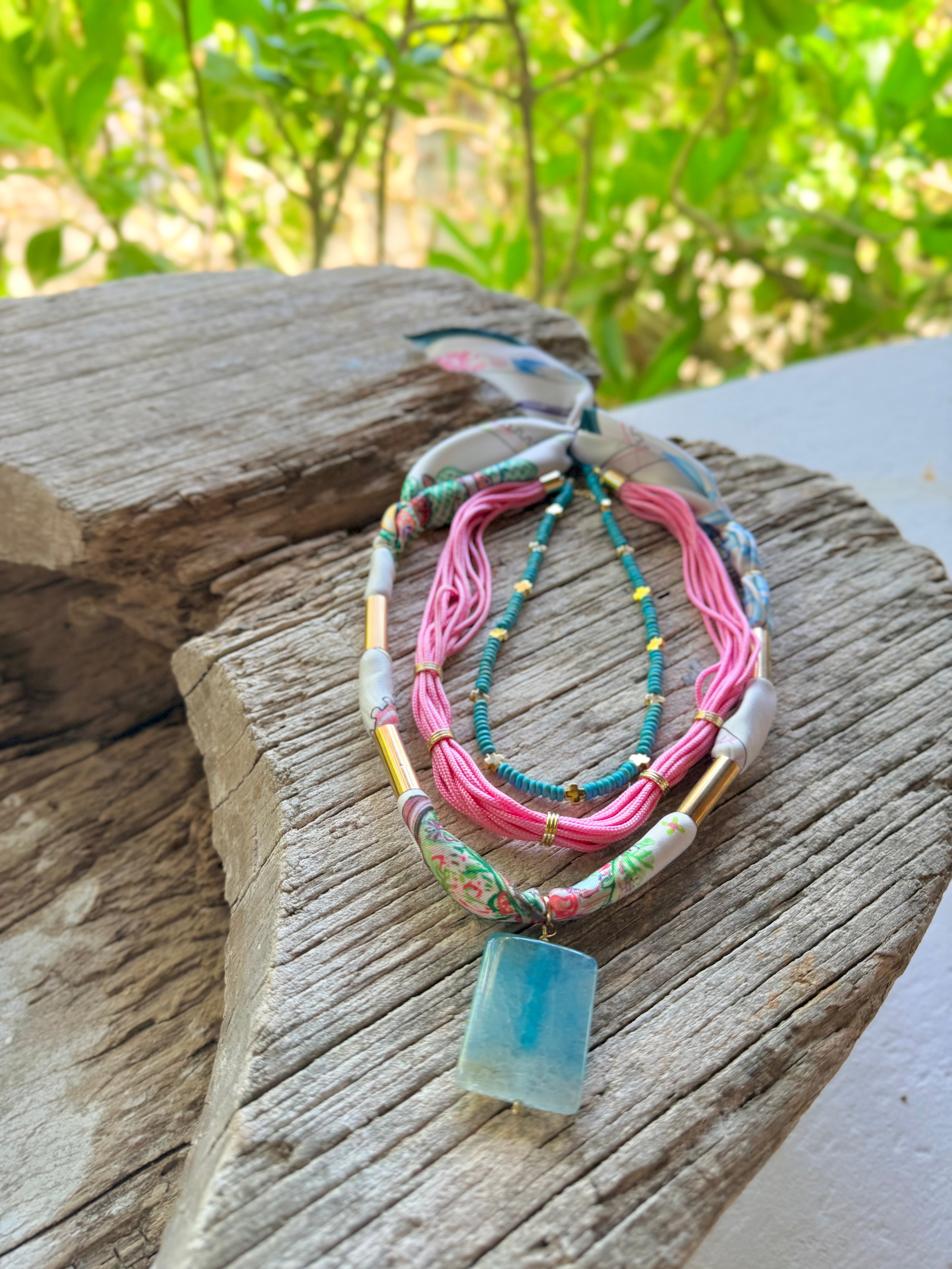 Multicolor White Silk Bandannie Wrap Necklace