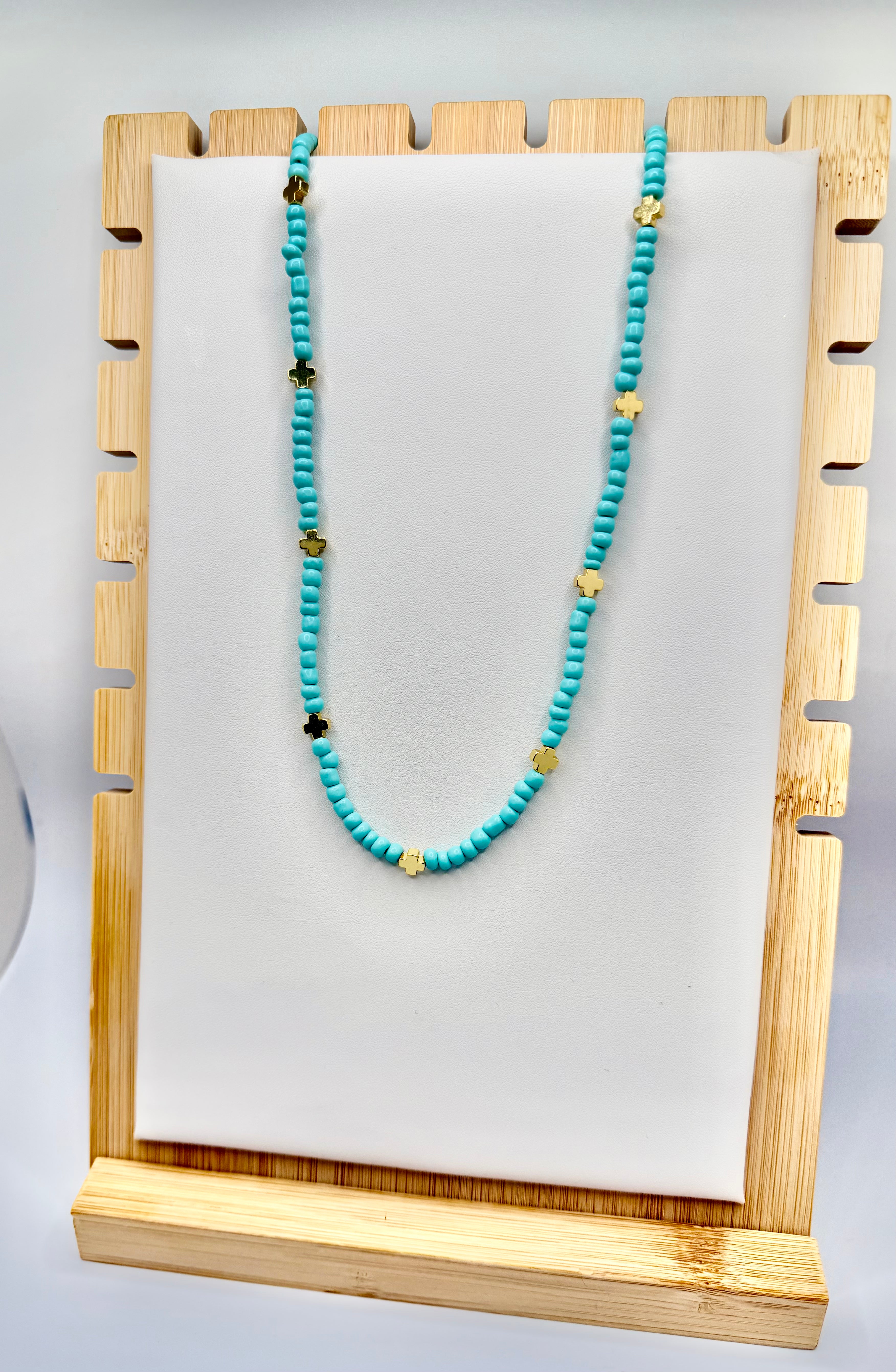 Green Turquoise Beaded Cross Necklace