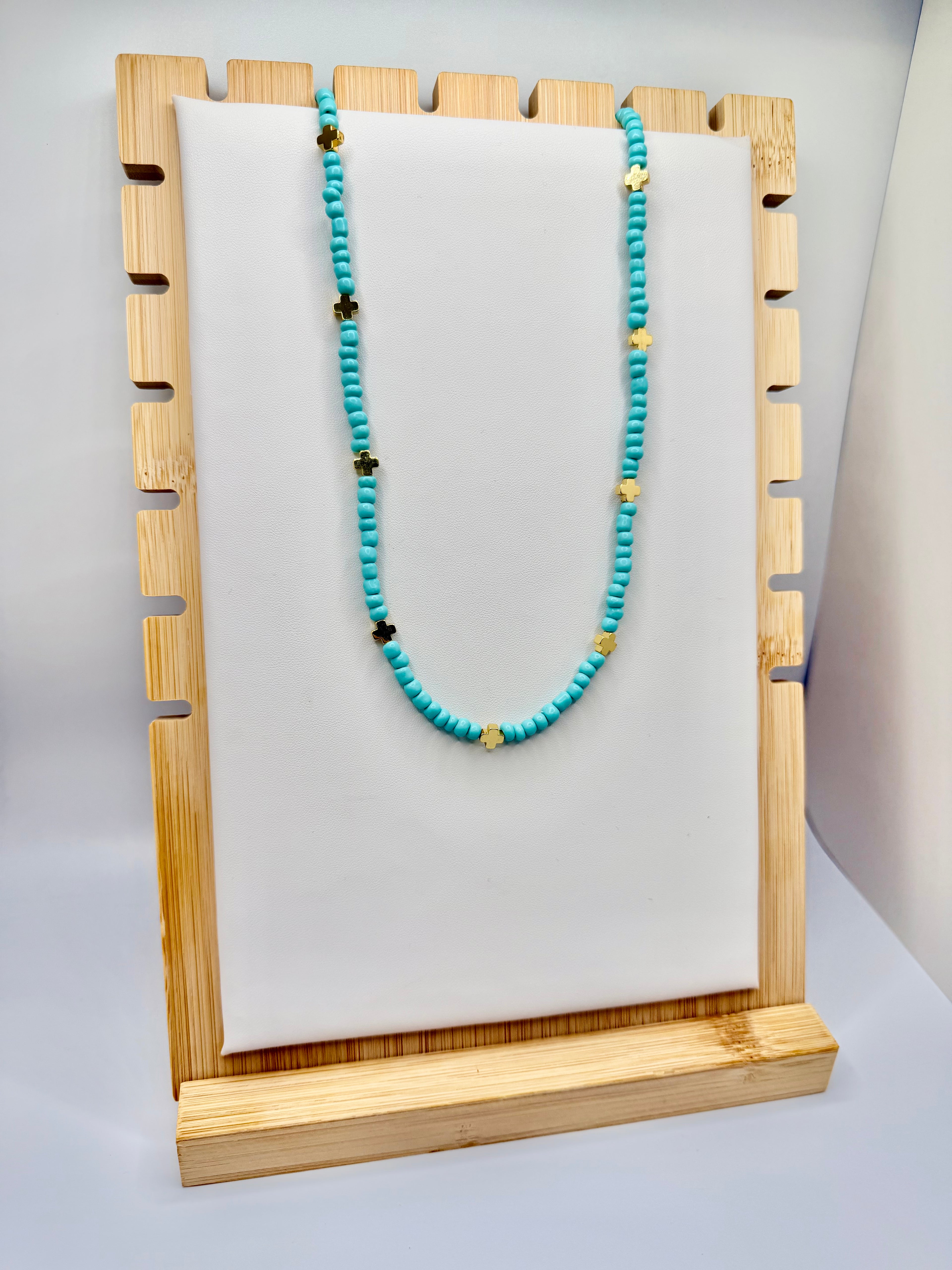 Green Turquoise Beaded Cross Necklace
