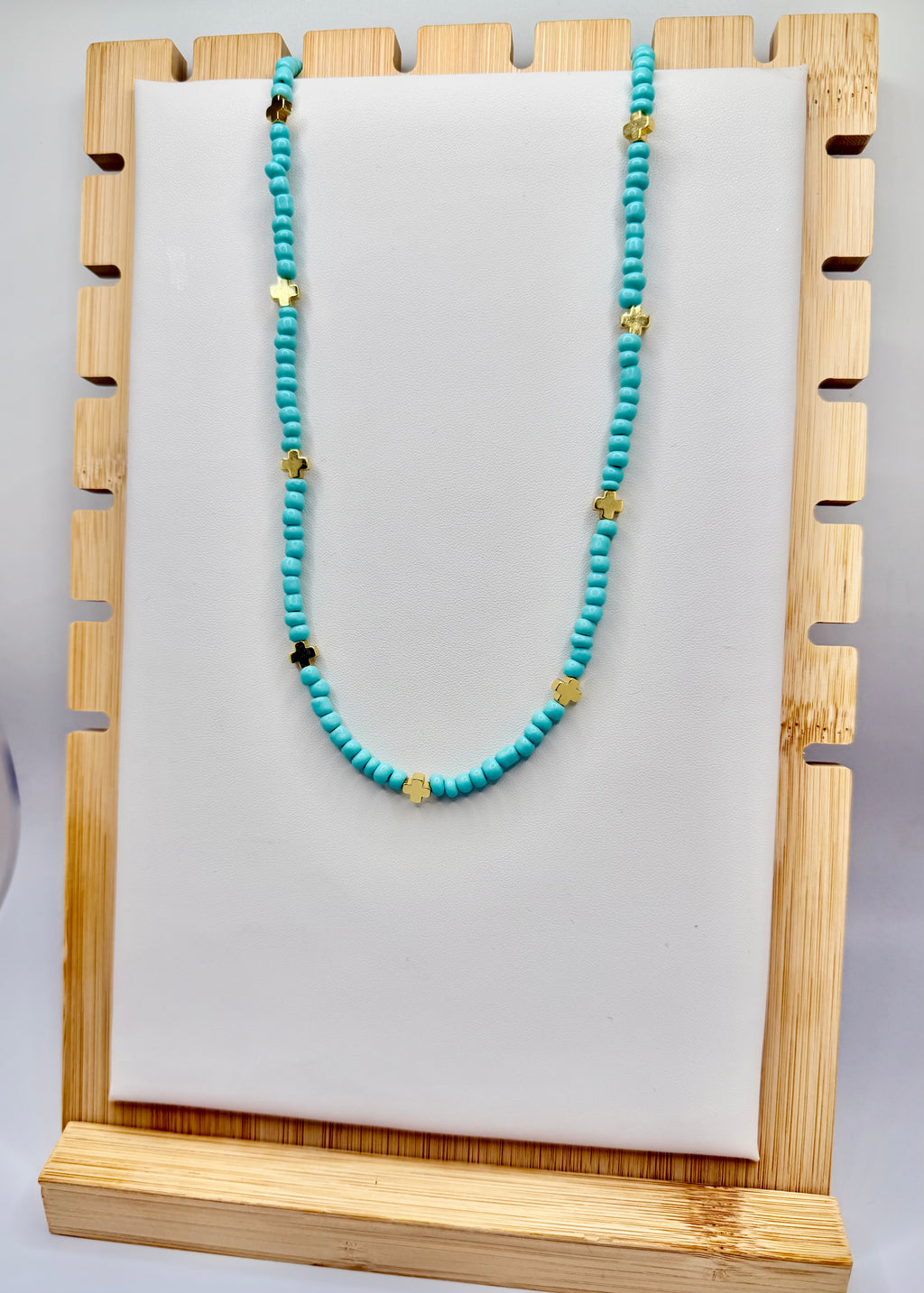 Green Turquoise Beaded Cross Necklace