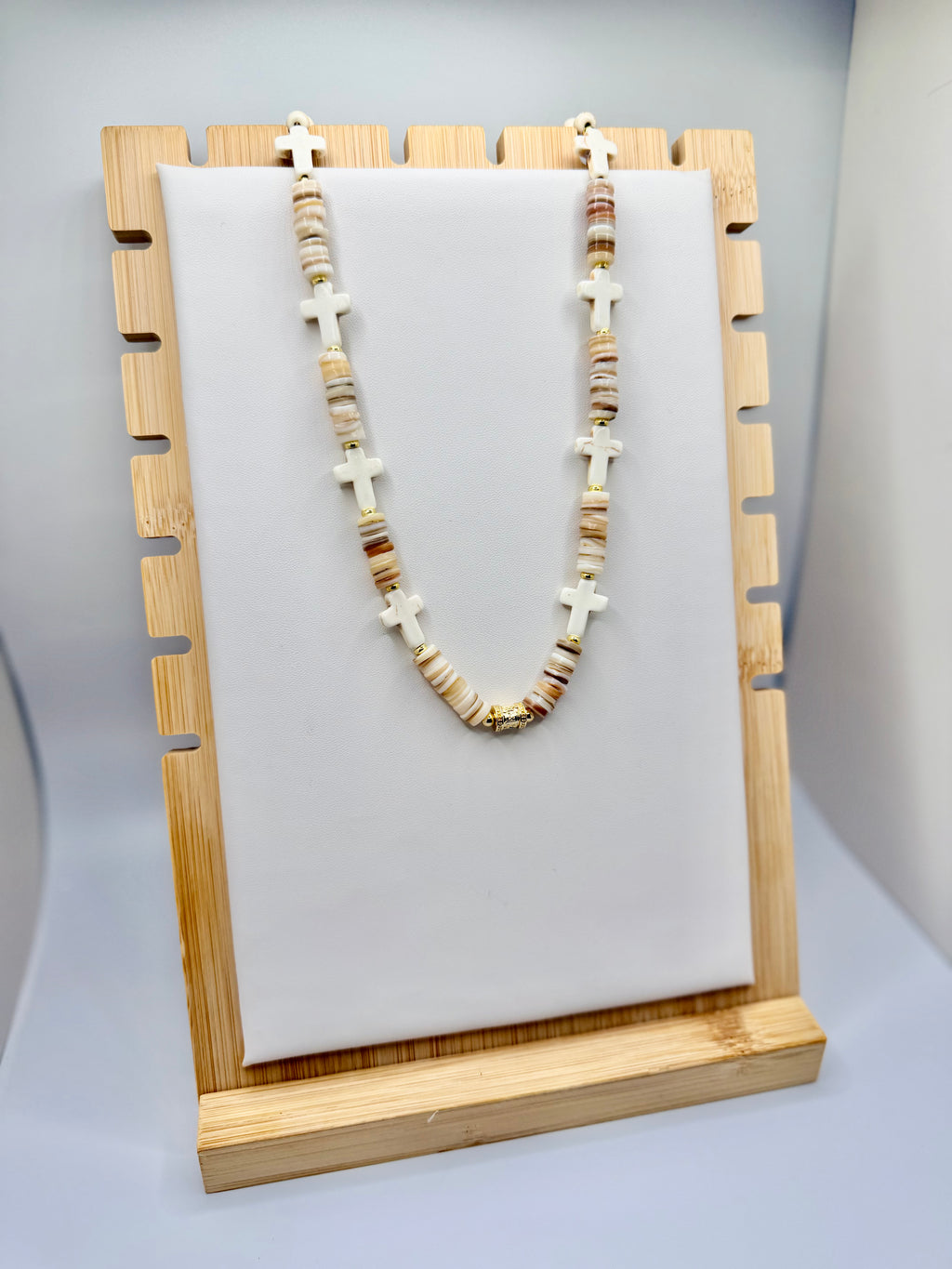 Cream Shell & Cross Beaded Necklace