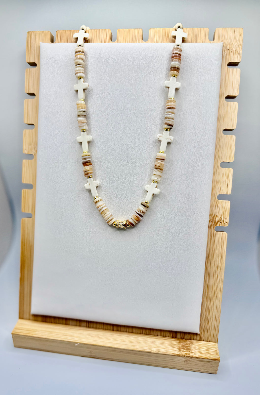 Cream Shell & Cross Beaded Necklace