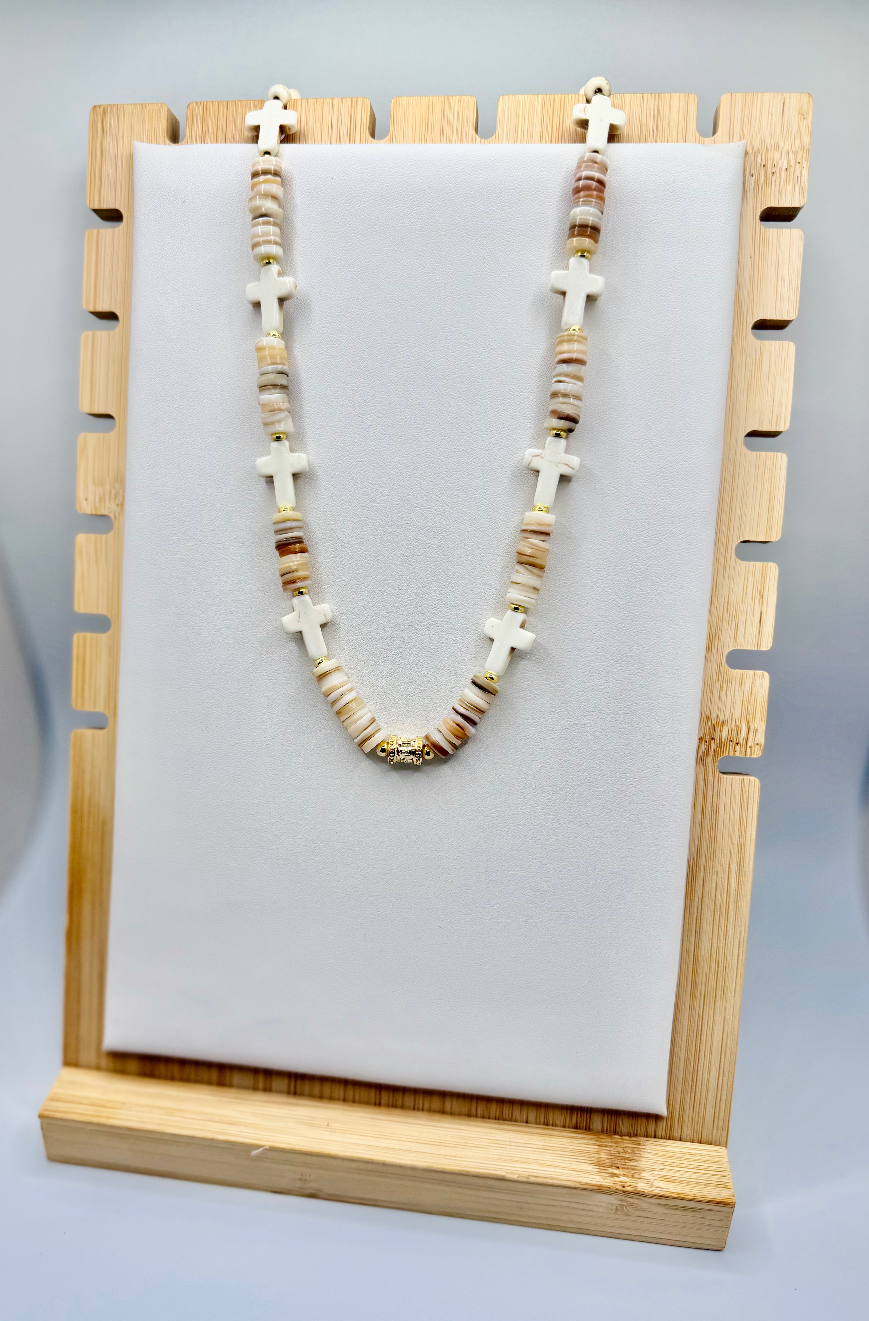 Cream Shell & Cross Beaded Necklace