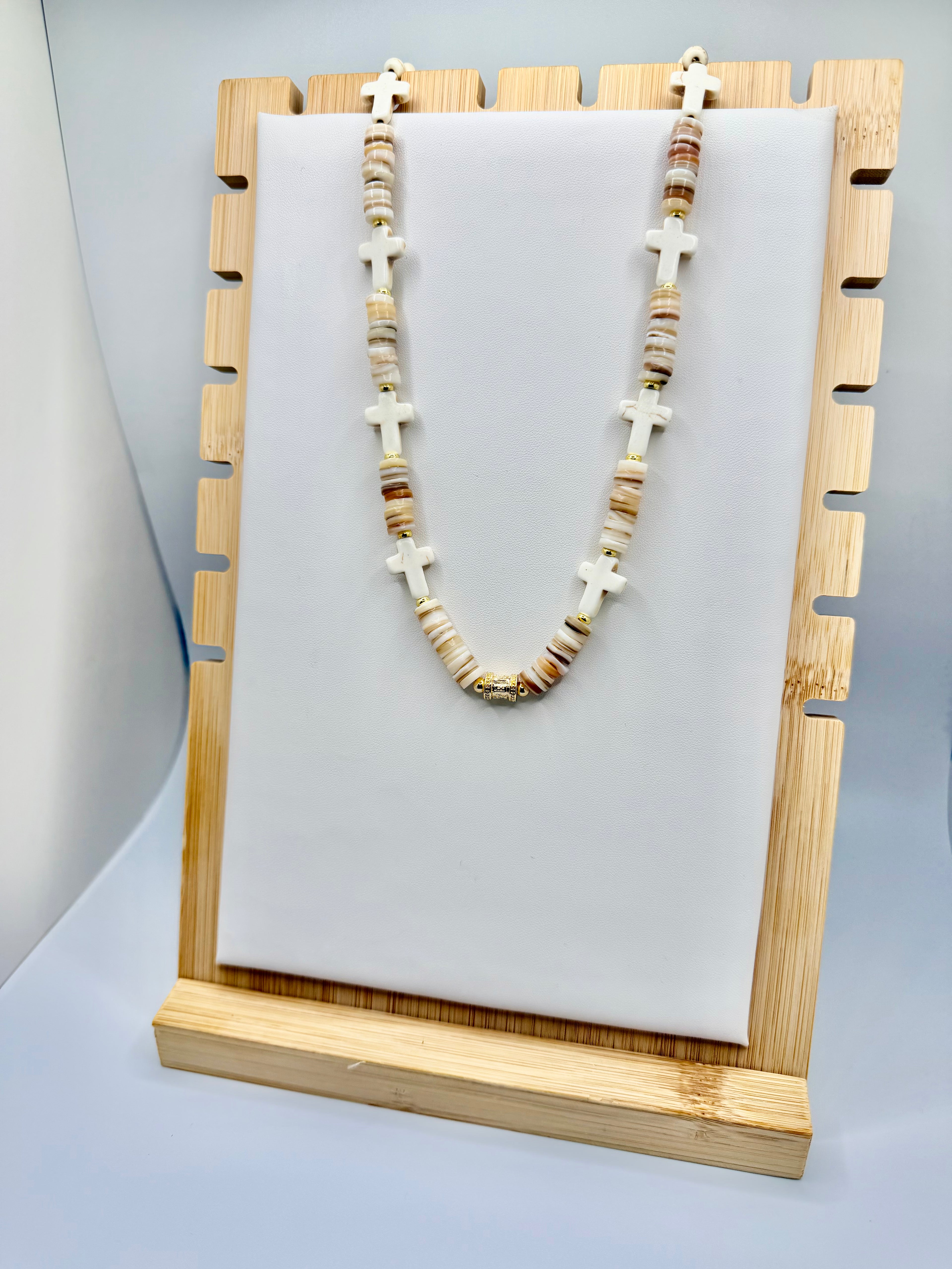 Cream Shell & Cross Beaded Necklace
