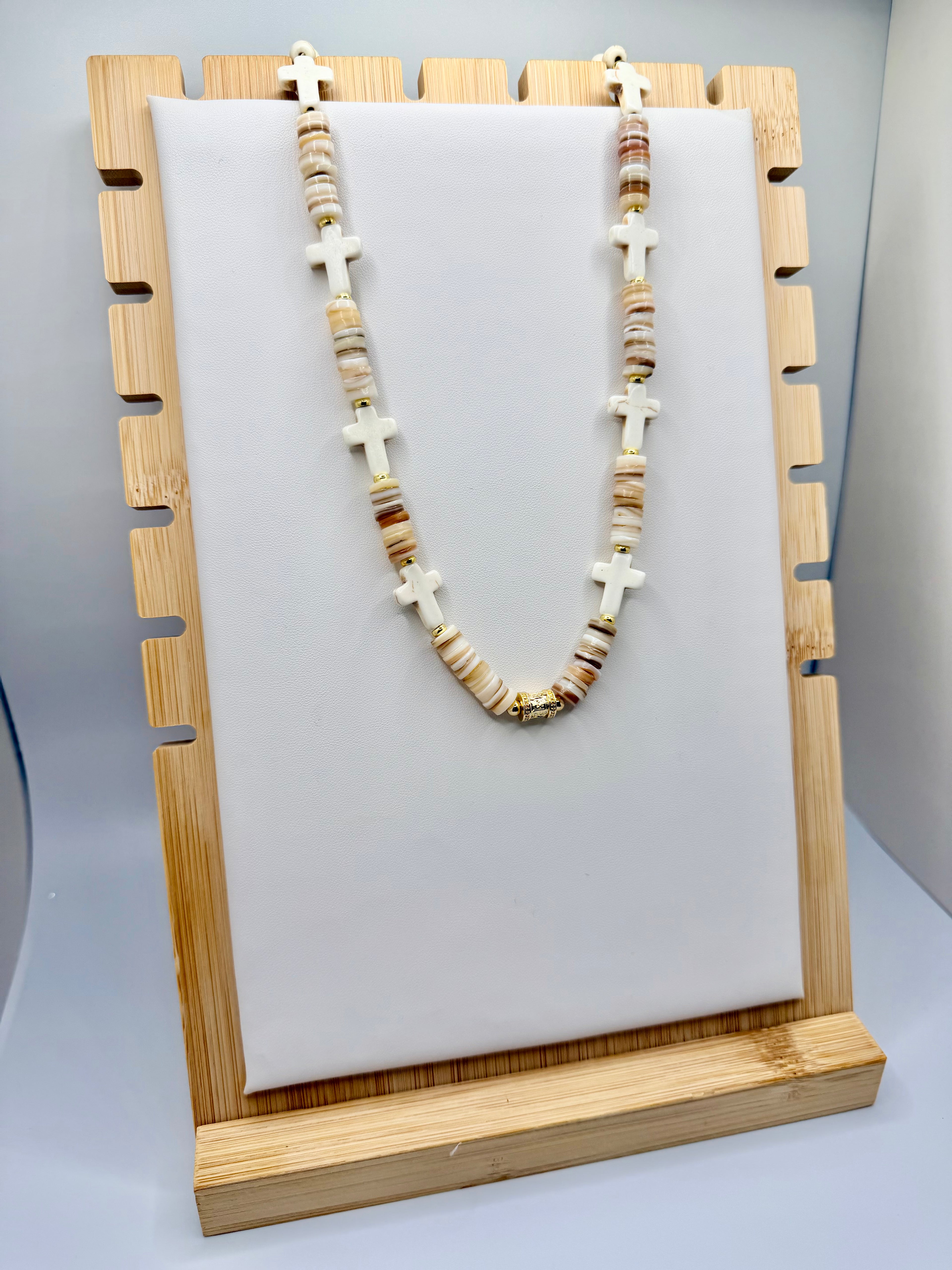 Cream Shell & Cross Beaded Necklace