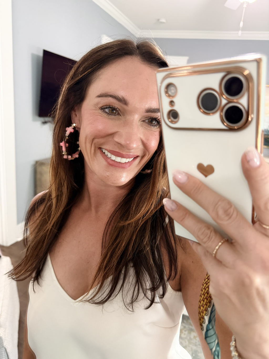 Pink Cross Beaded Hoop Earrings with Pearl Stud | Feminine Gold Accent Hoops