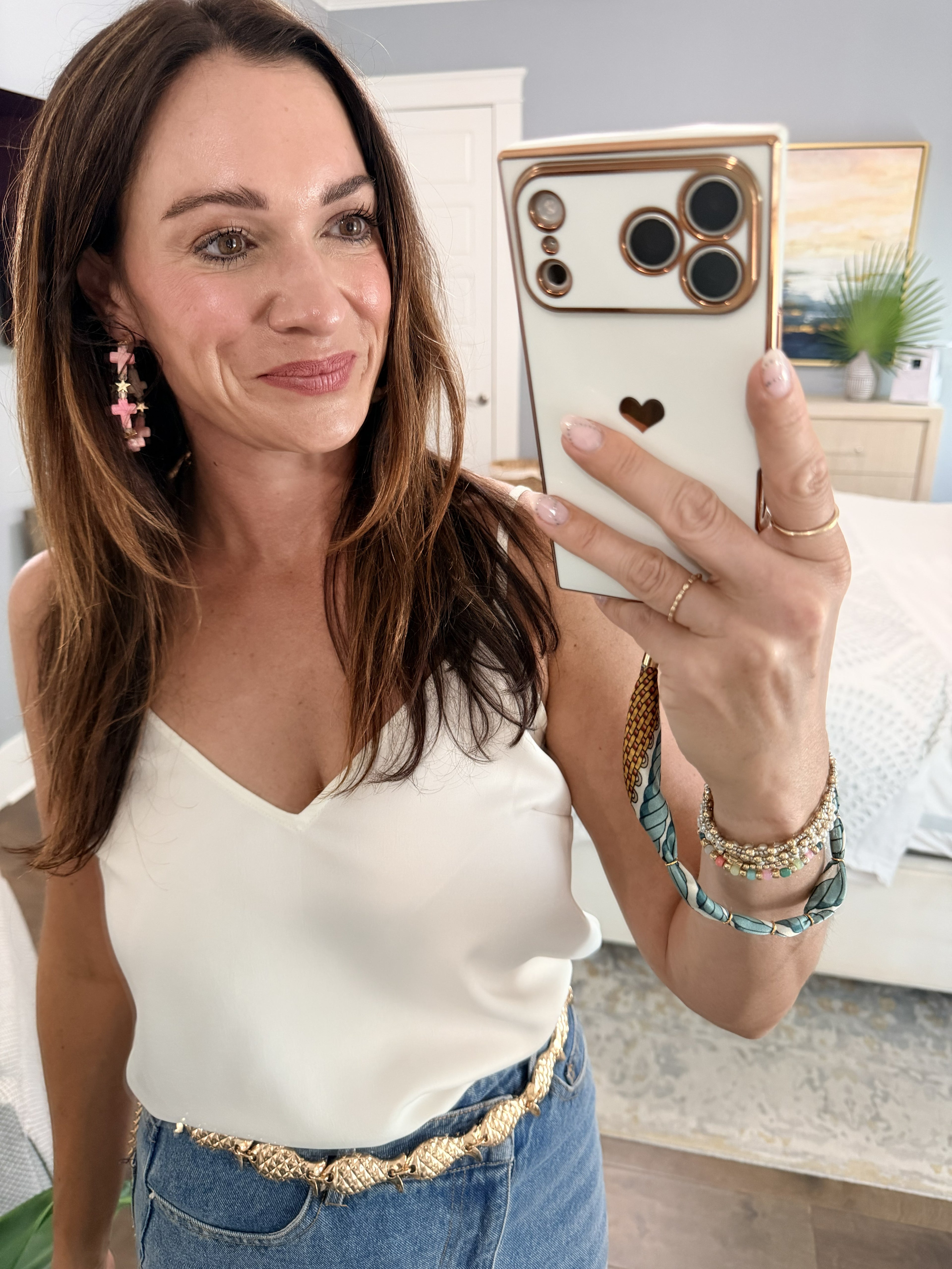 Pink Cross Beaded Hoop Earrings with Pearl Stud | Feminine Gold Accent Hoops