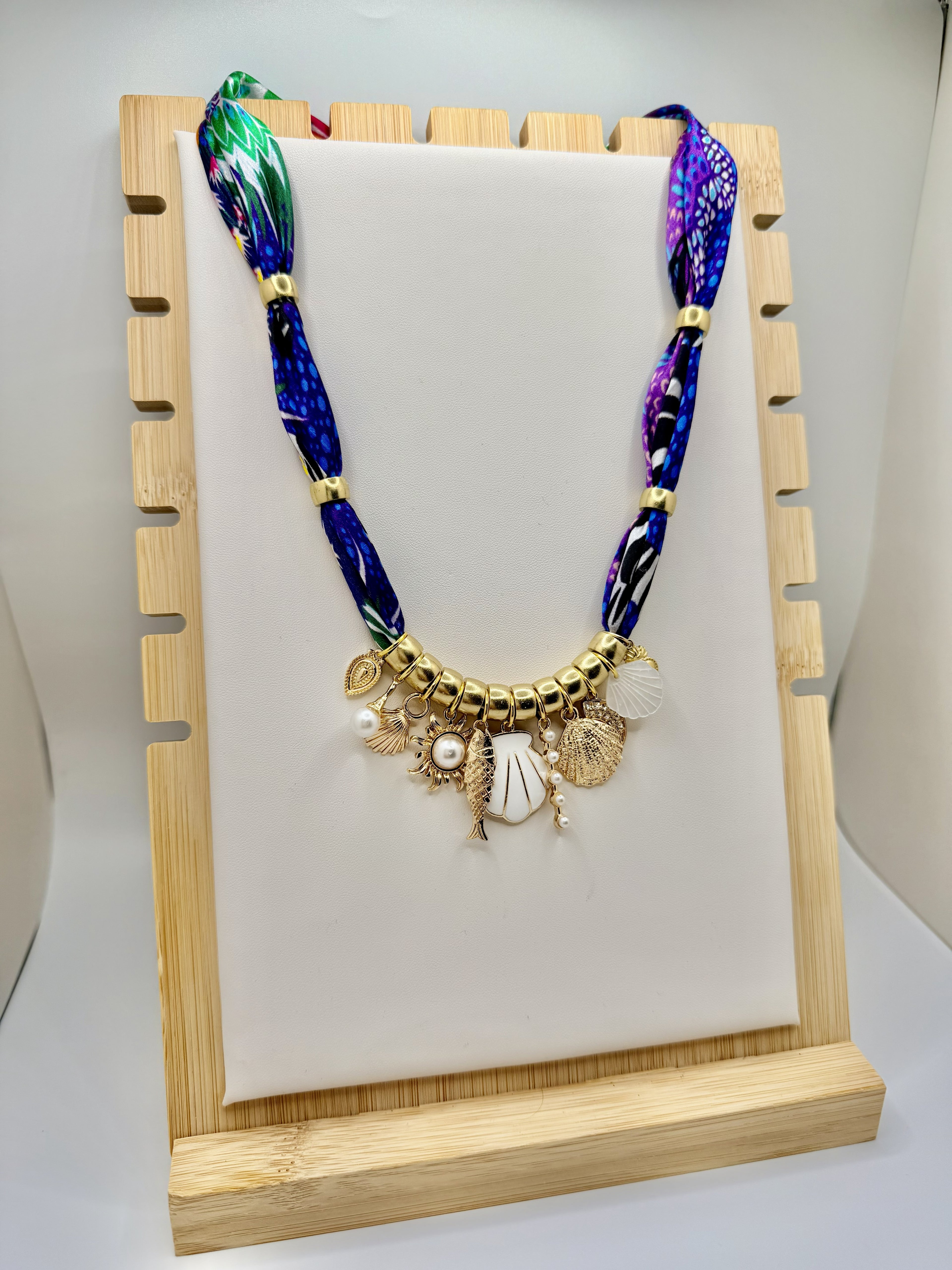 Seaside Charm Scarf Necklace | Coastal Statement Jewelry with Gold Charms