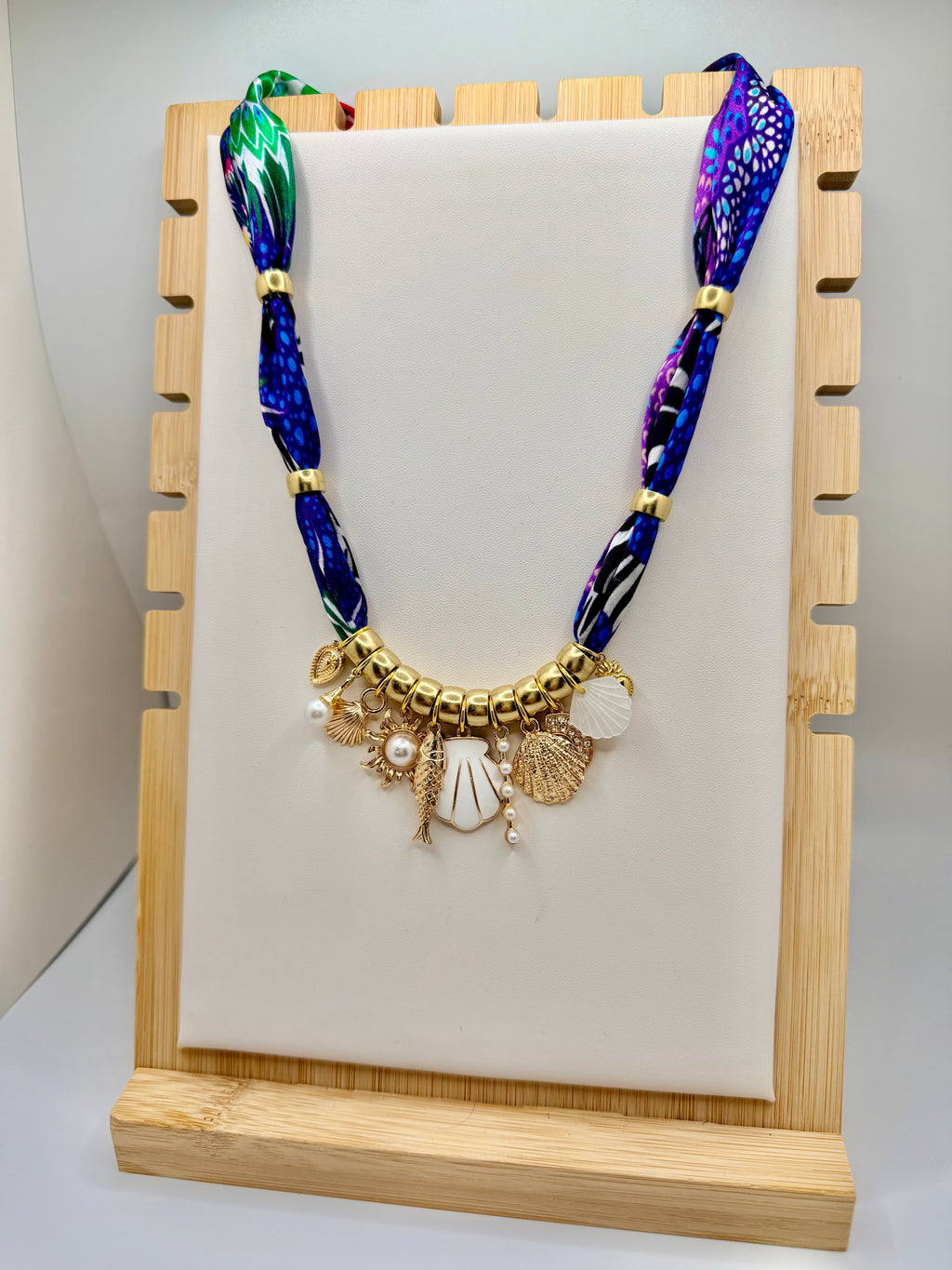 Seaside Charm Scarf Necklace | Coastal Statement Jewelry with Gold Charms