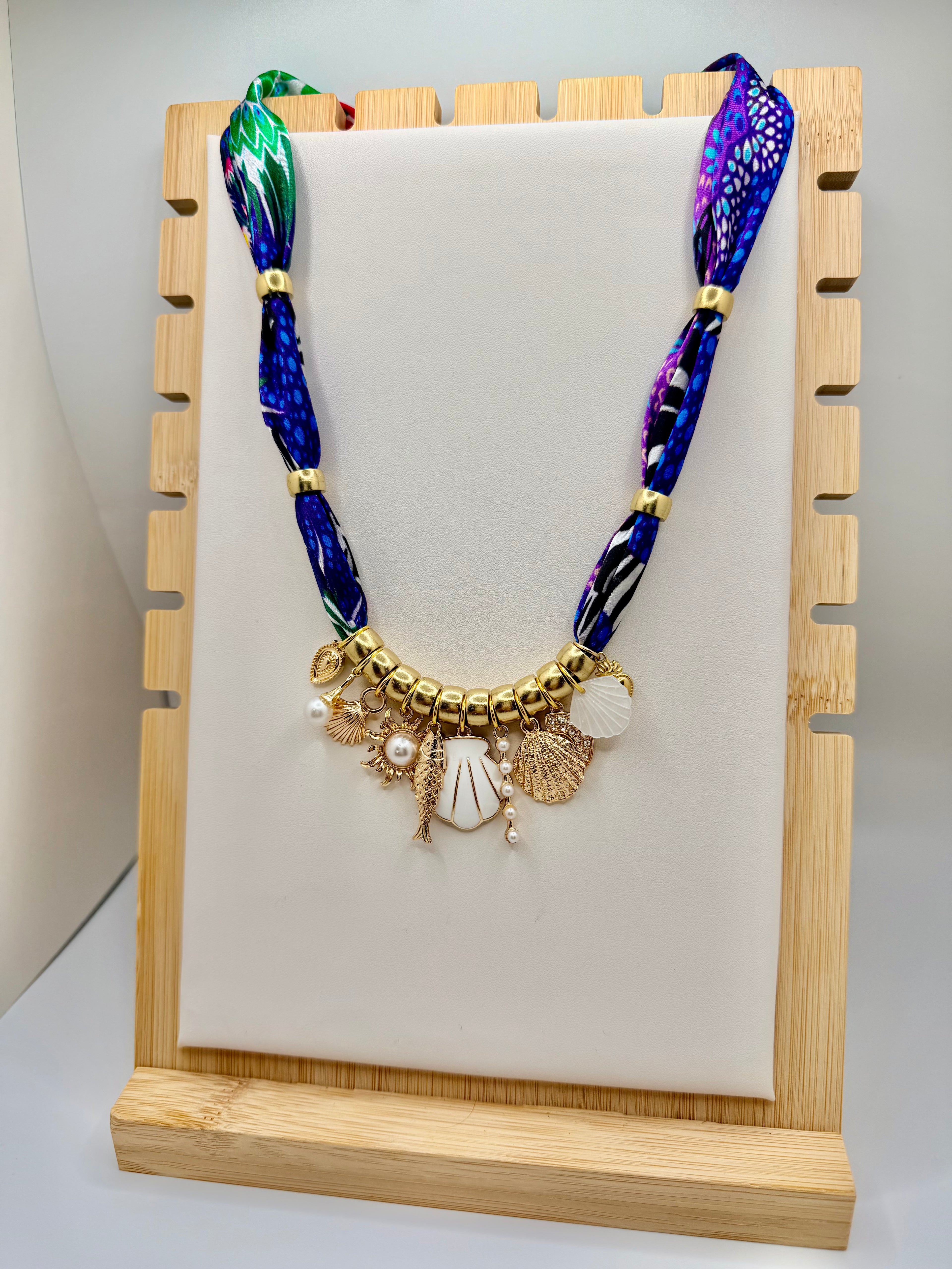 Seaside Charm Scarf Necklace | Coastal Statement Jewelry with Gold Charms