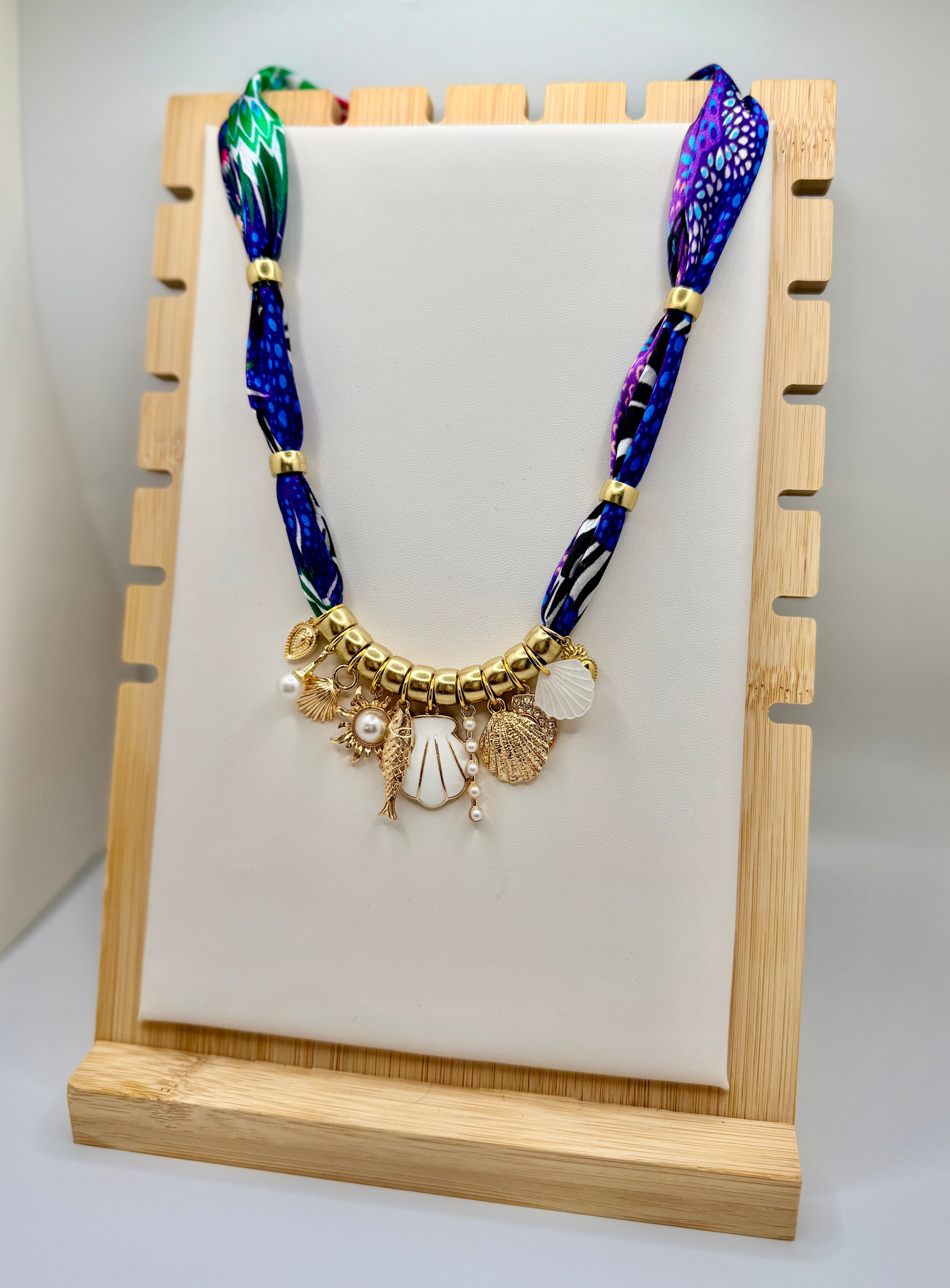 Seaside Charm Scarf Necklace | Coastal Statement Jewelry with Gold Charms