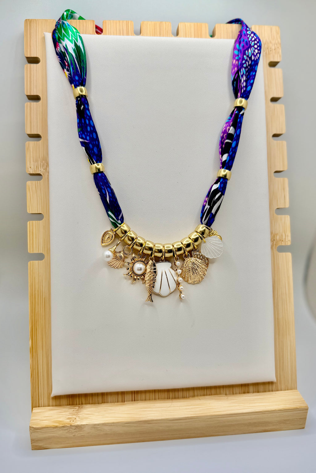 Seaside Charm Scarf Necklace | Coastal Statement Jewelry with Gold Charms