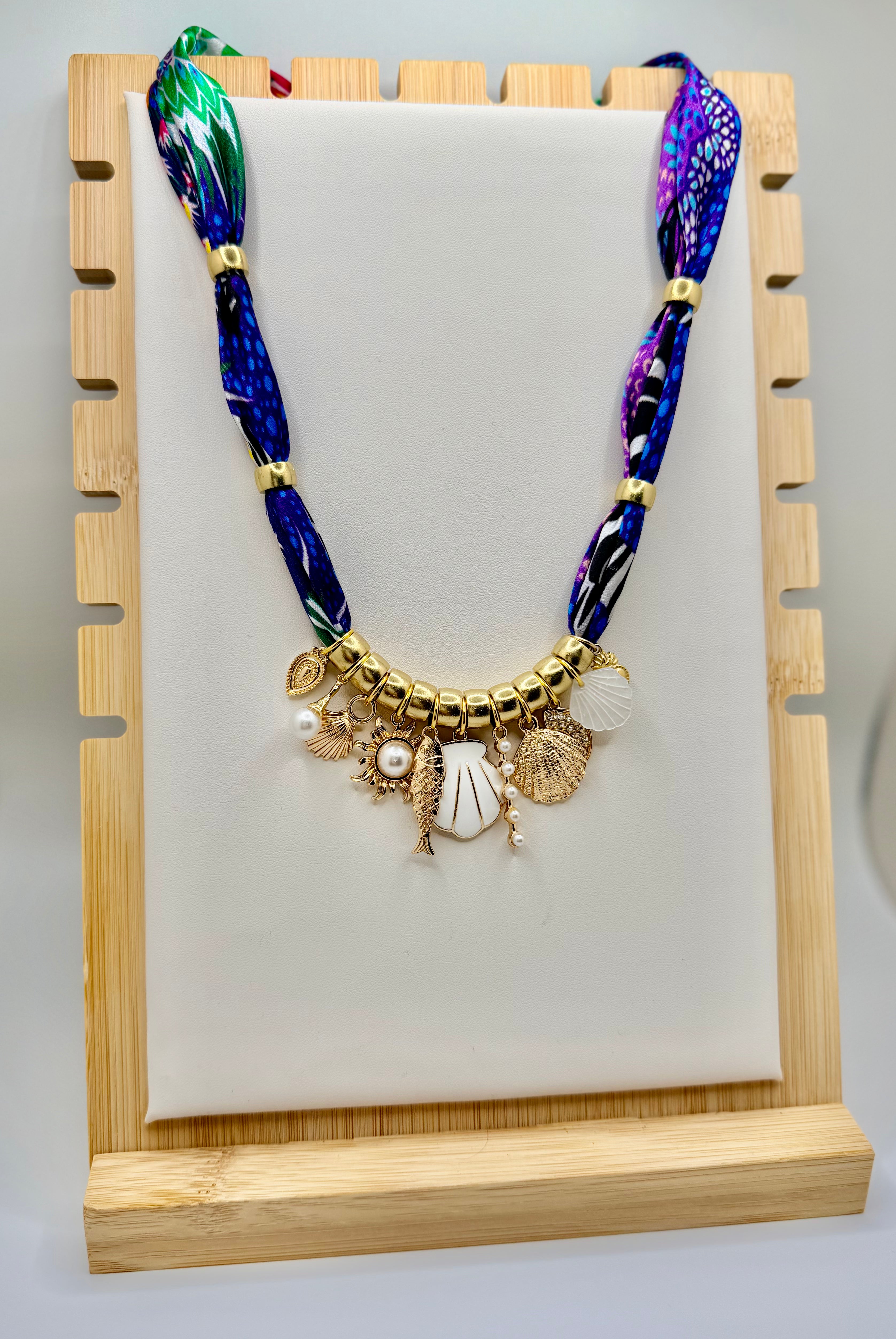Seaside Charm Scarf Necklace | Coastal Statement Jewelry with Gold Charms