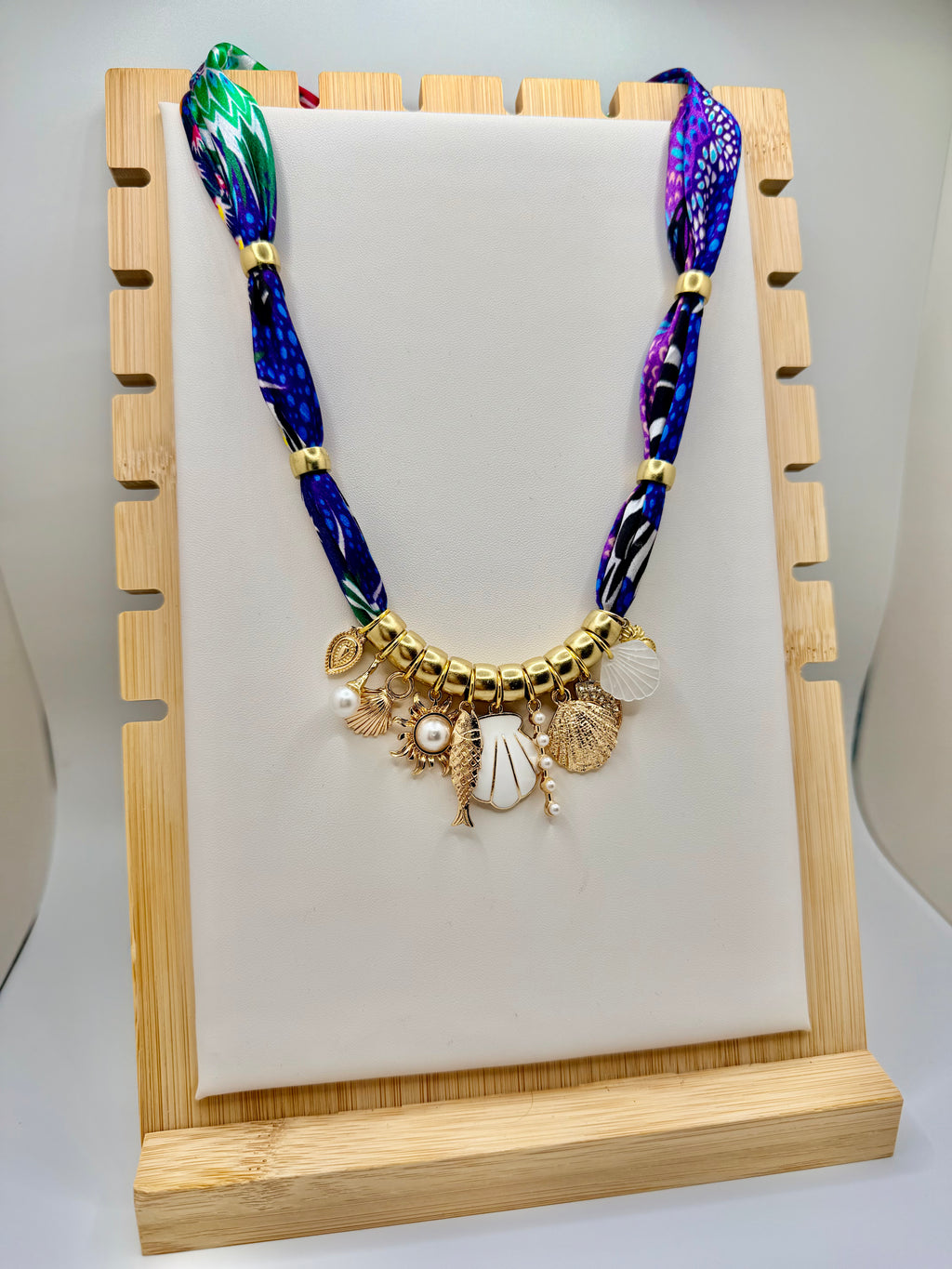 Seaside Charm Scarf Necklace | Coastal Statement Jewelry with Gold Charms