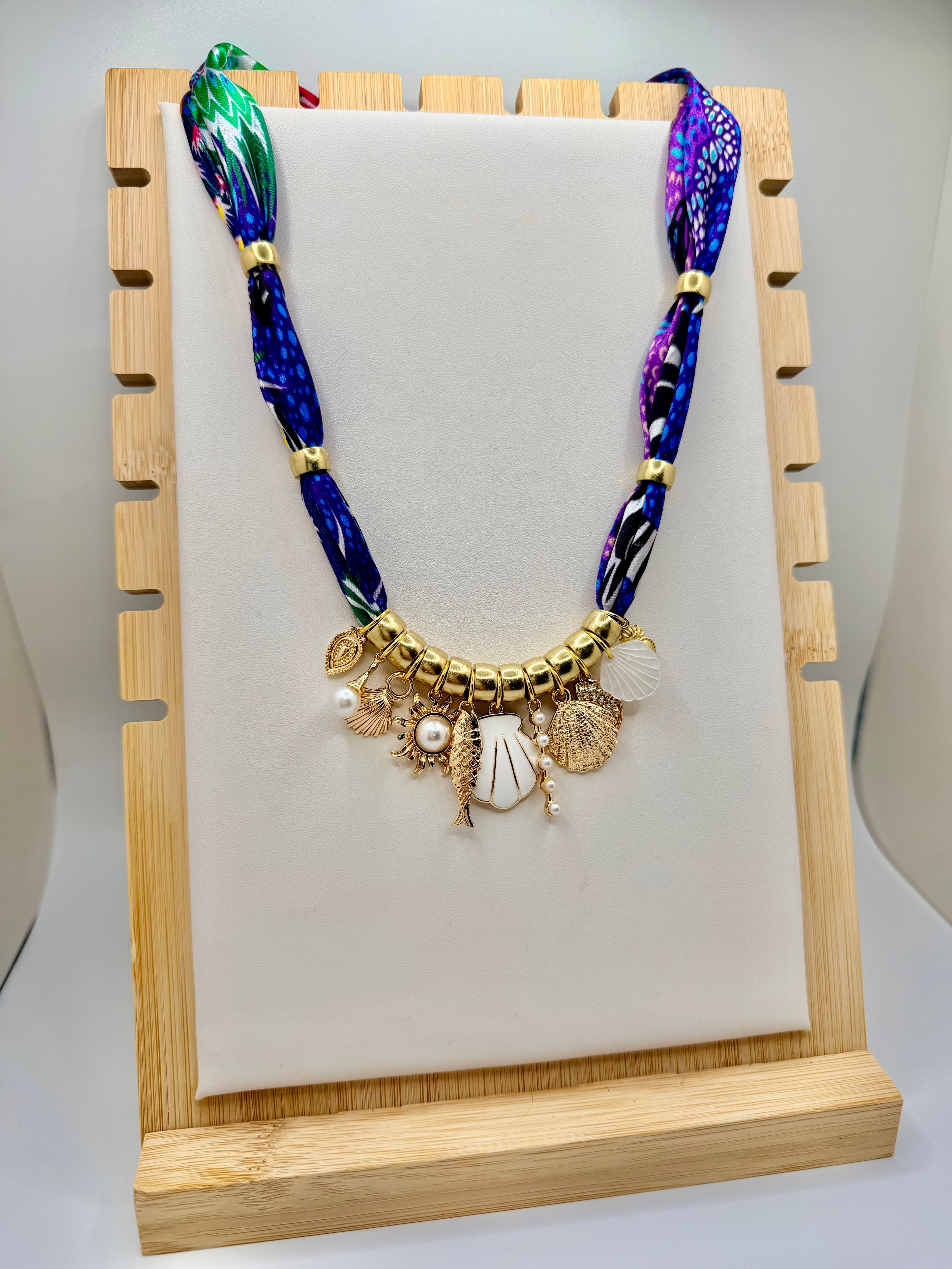 Seaside Charm Scarf Necklace | Coastal Statement Jewelry with Gold Charms