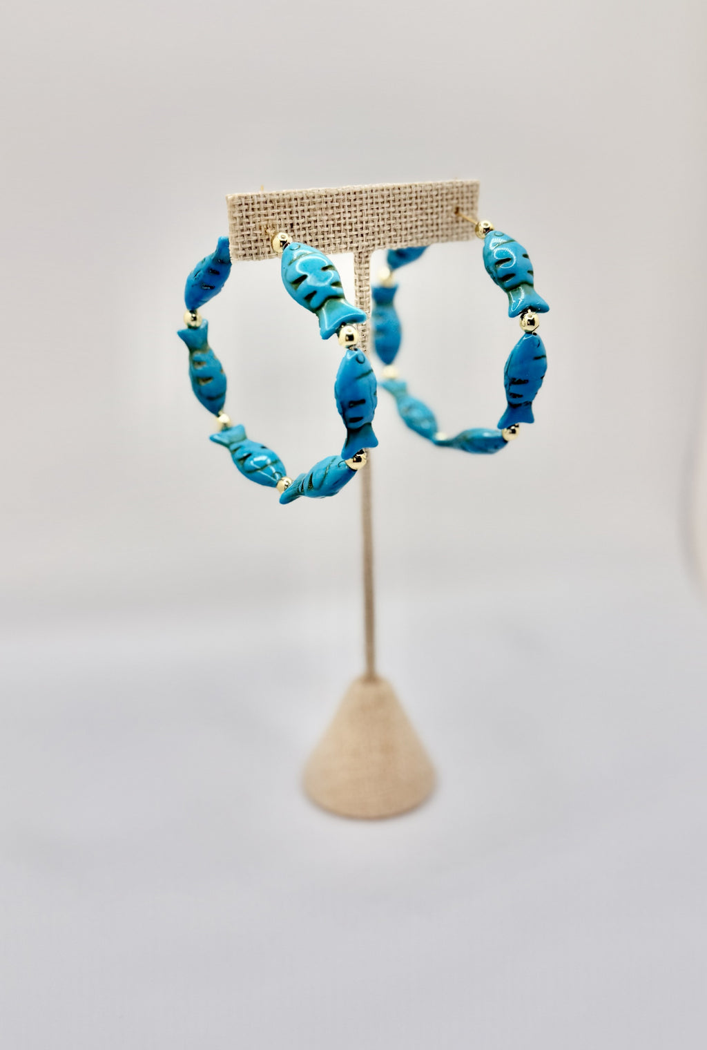 Blue Fish Beaded Hoop Earrings | Coastal Statement Gold Accent Hoops