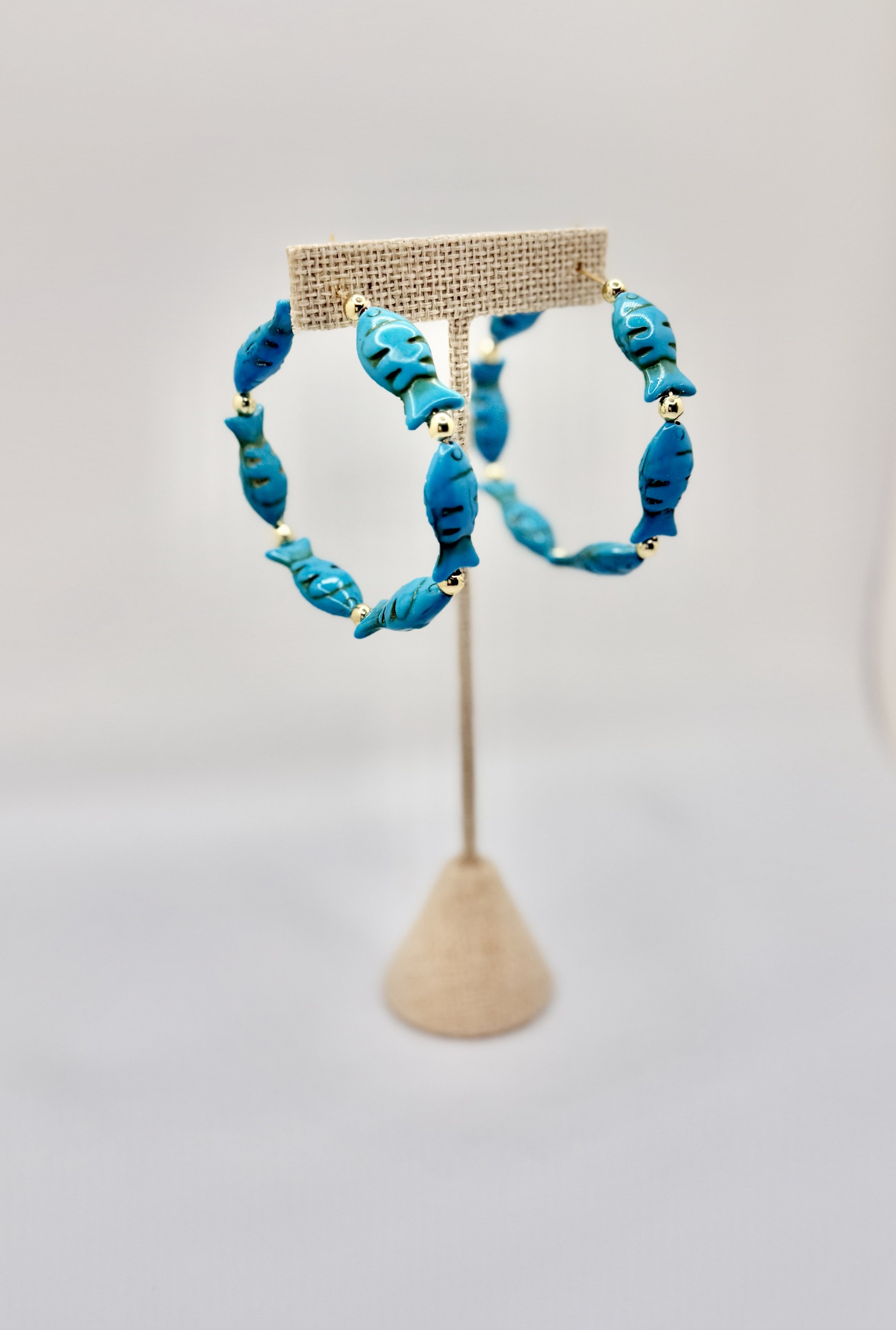 Blue Fish Beaded Hoop Earrings | Coastal Statement Gold Accent Hoops