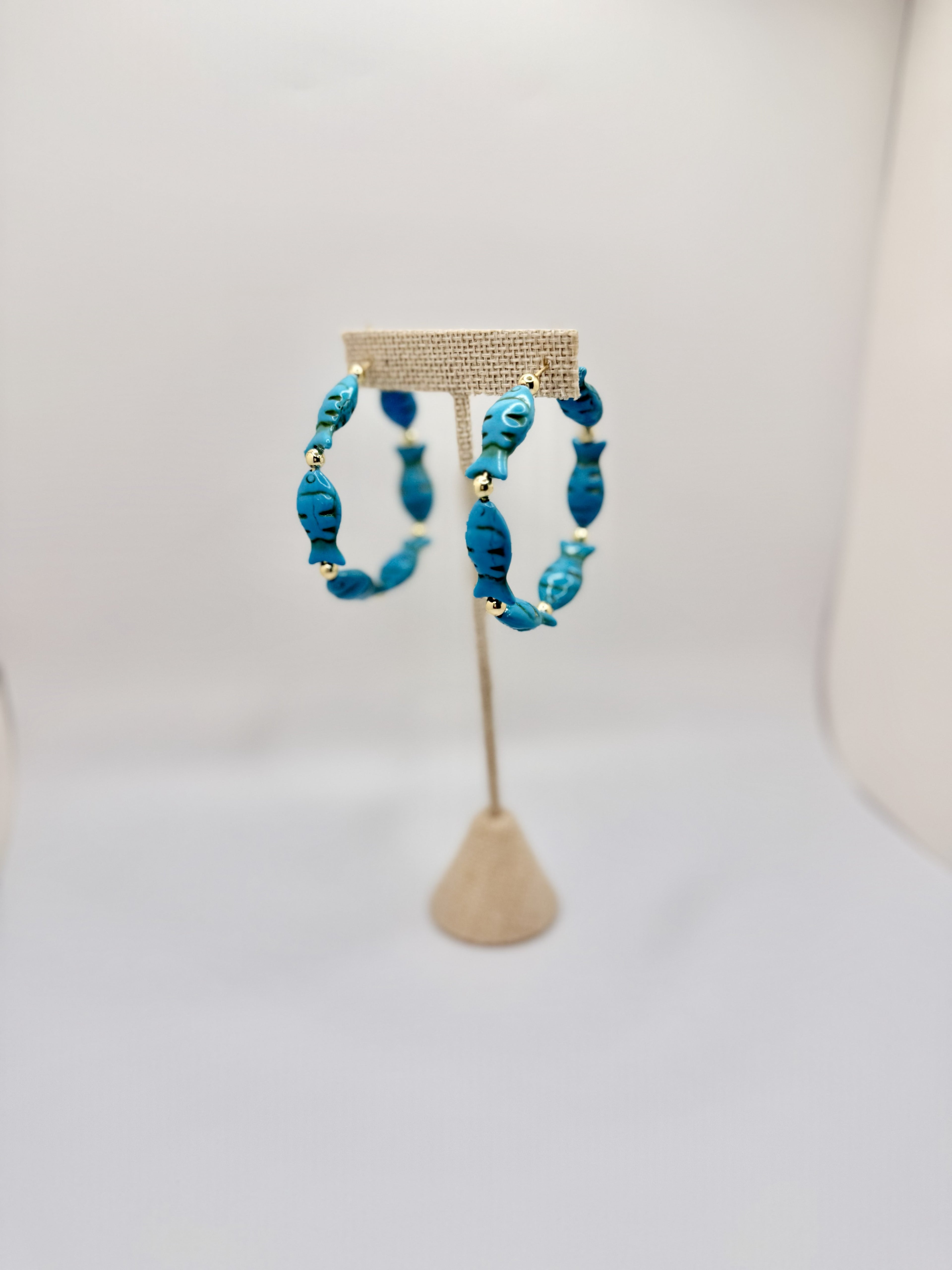 Blue Fish Beaded Hoop Earrings | Coastal Statement Gold Accent Hoops