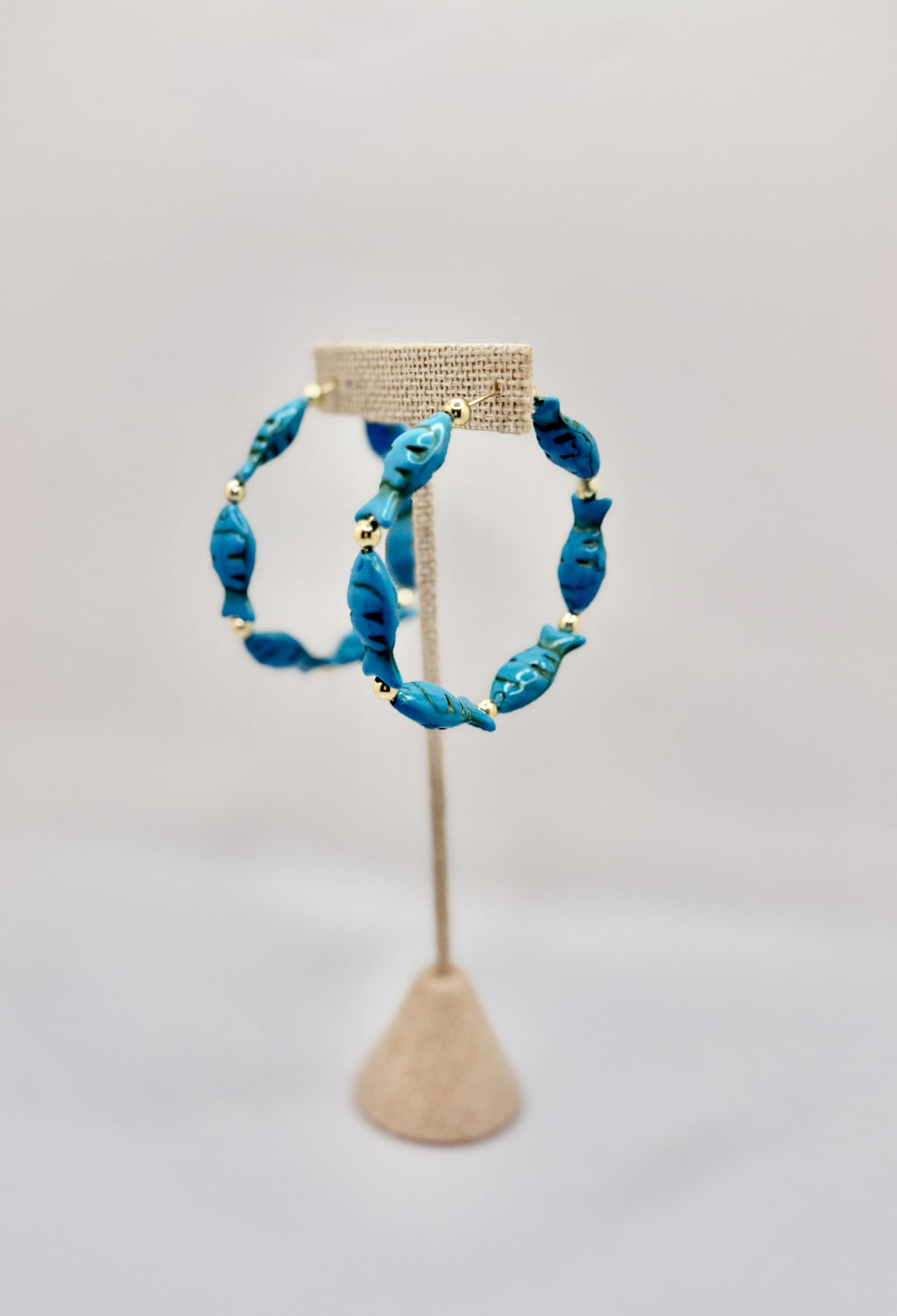 Blue Fish Beaded Hoop Earrings | Coastal Statement Gold Accent Hoops