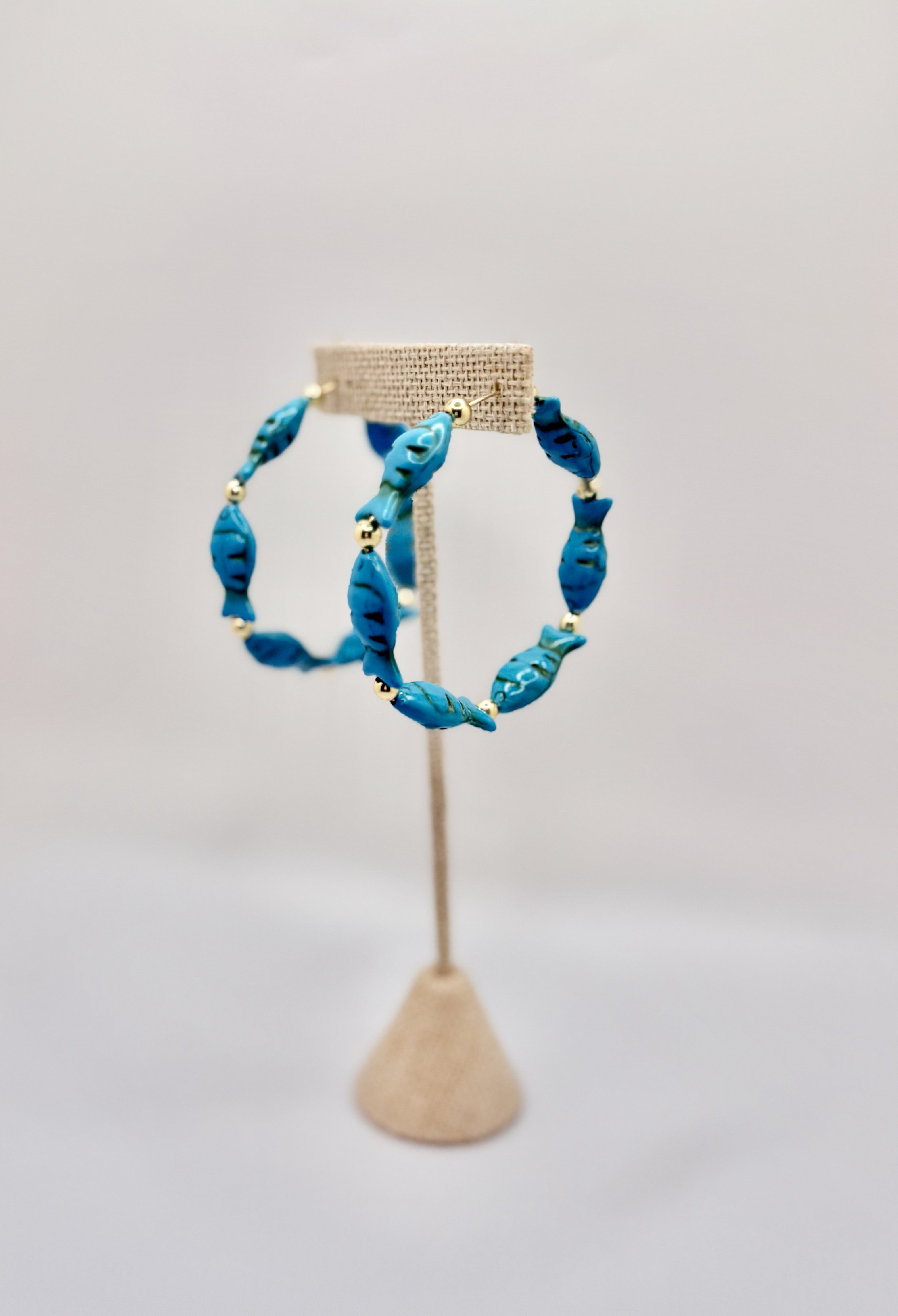 Blue Fish Beaded Hoop Earrings | Coastal Statement Gold Accent Hoops