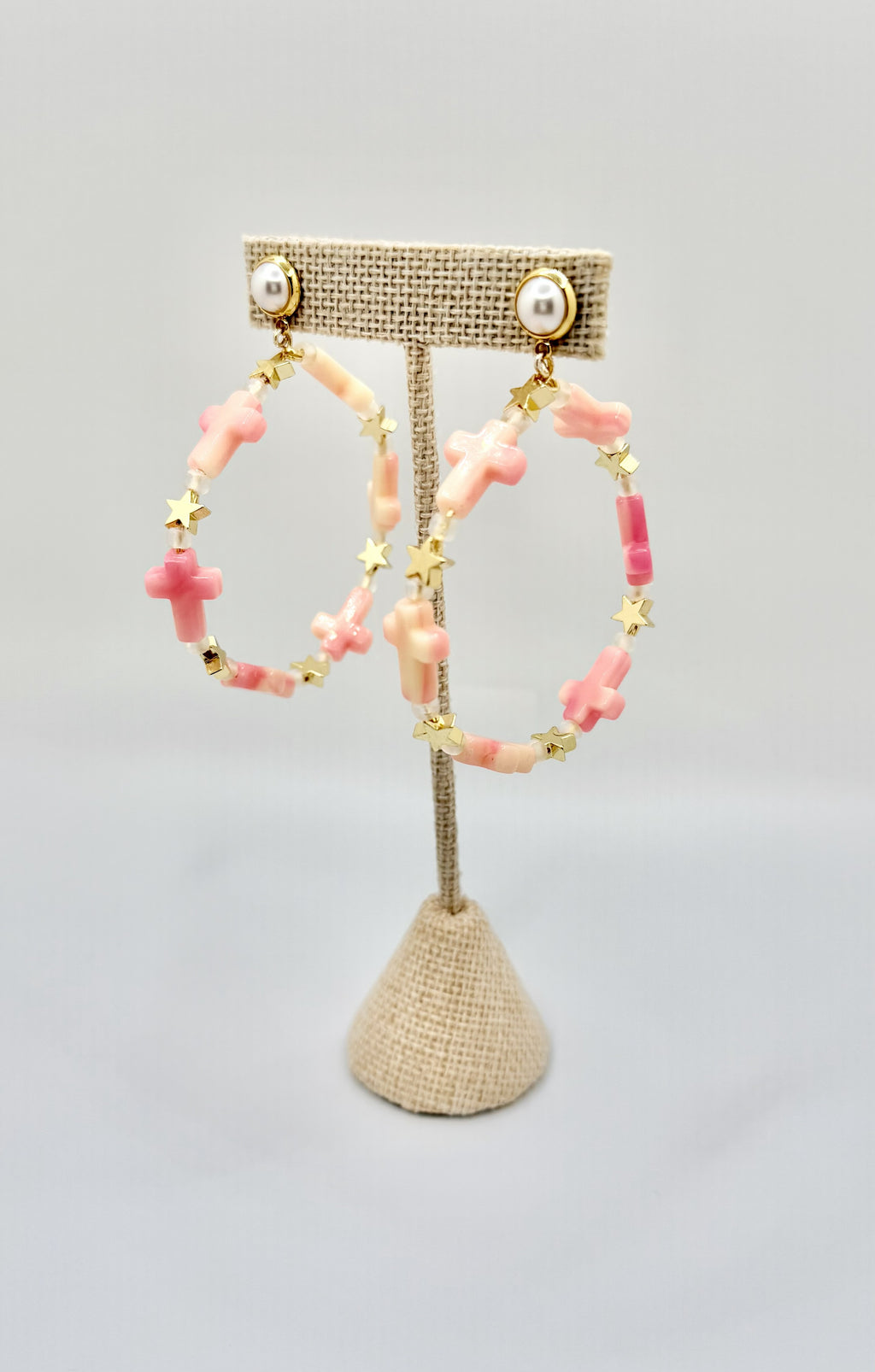 Pink Cross Beaded Hoop Earrings with Pearl Stud | Feminine Gold Accent Hoops