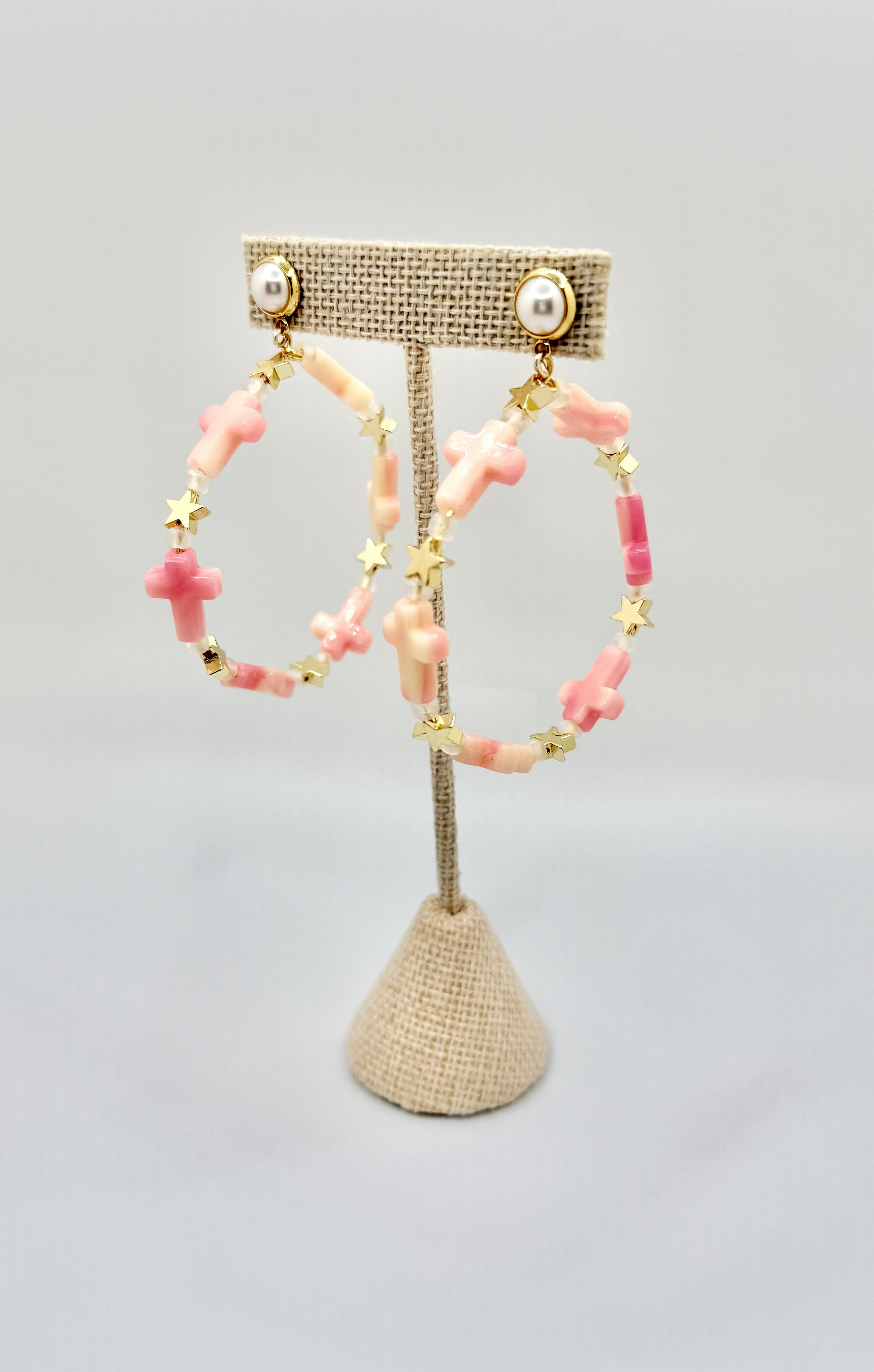 Pink Cross Beaded Hoop Earrings with Pearl Stud | Feminine Gold Accent Hoops