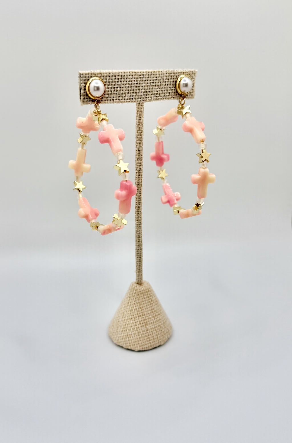 Pink Cross Beaded Hoop Earrings with Pearl Stud | Feminine Gold Accent Hoops