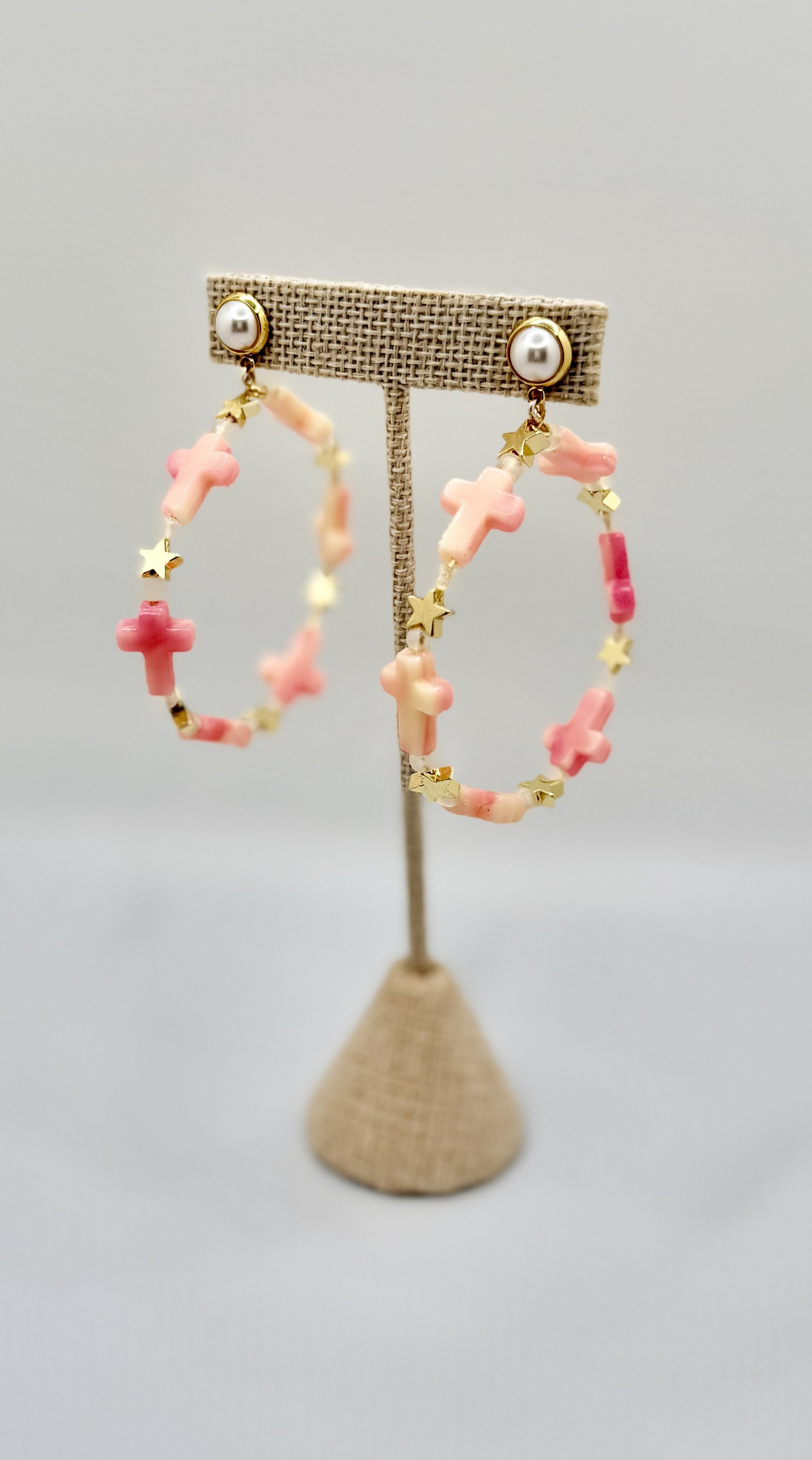 Pink Cross Beaded Hoop Earrings with Pearl Stud | Feminine Gold Accent Hoops