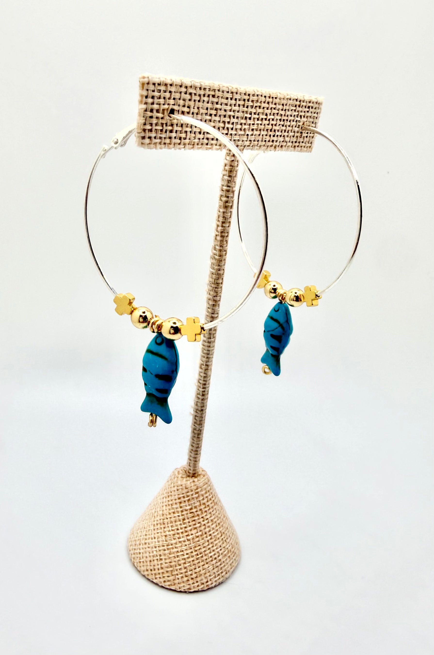 Silver Hoop Earrings with Blue Fish Charm | Coastal Statement Earrings